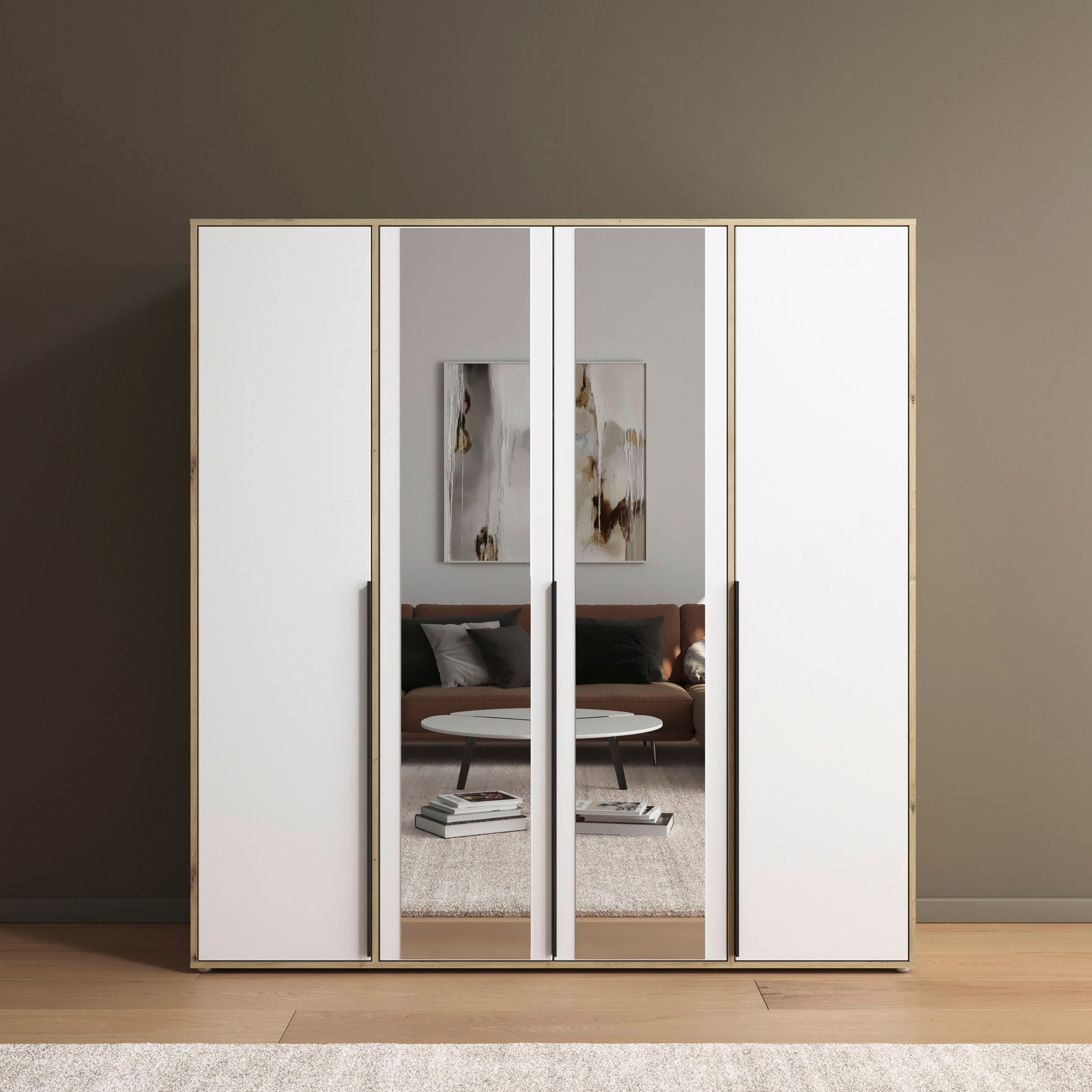 rauch Drehtürenschrank »Kleiderschrank Schrank Garderobe Wäscheschrank NAGATA mit Spiegel«, (in 3 verschiedenen Ausstattungen BASIC/CLASSIC/PREMIUM), und modernen Stangengriffen in Graumetallic TOPSELLER MADE IN GERMANY
