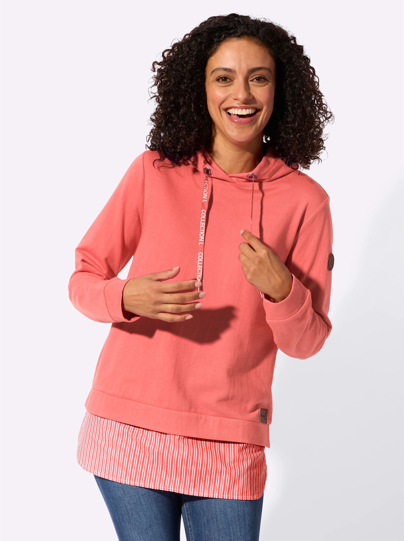 Kapuzensweatshirt CASUAL LOOKS, Damen, Gr. 52, koralle, 50% Baumwolle, 50% Polyester, gemustert, gestreift, unifarben, Sweatshirts