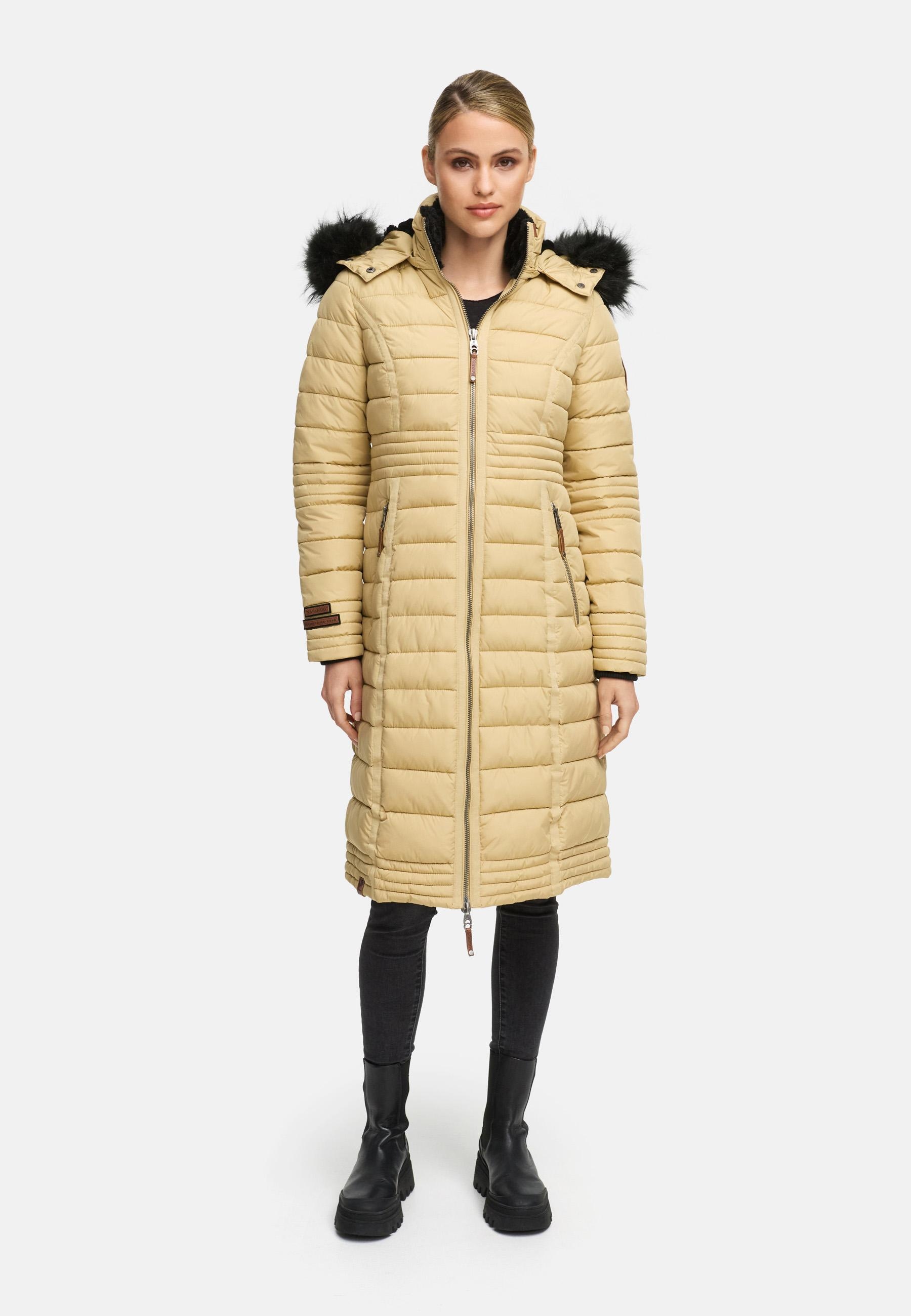 Navahoo Wintermantel »Umay«, langer Damen Winter Steppmantel mit Kunstfellkapuze
