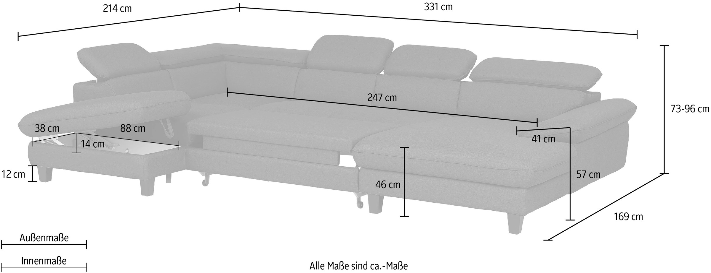 Home affaire Wohnlandschaft »Pilot U-Form«, mit Kopfteilverstellung, wahlweise mit Bettfunktion & Bettkasten
