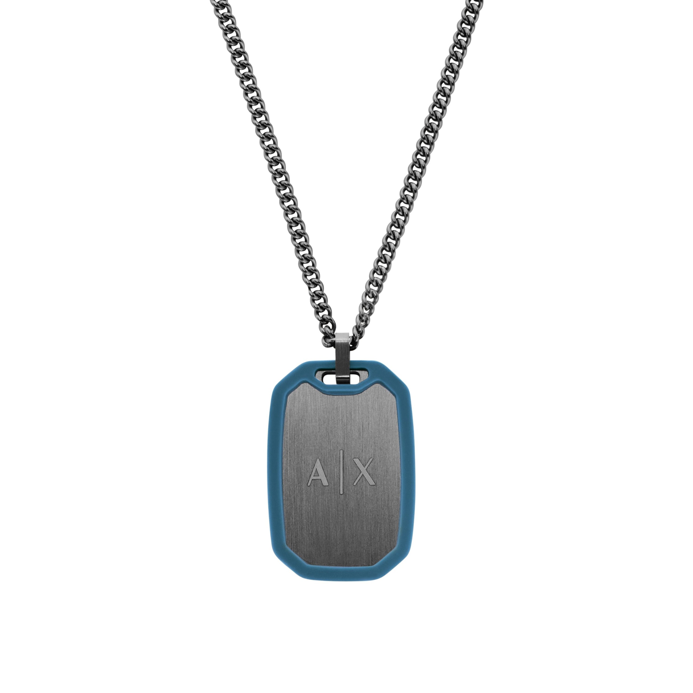 Kette mit Anhänger ARMANI EXCHANGE "Schmuck Geschenk Edelstahl, Silikon", gunfarben, blau, Halsketten, Damen, Edelstahl Silikon, L: 70 B: 2mm, Edelstahl, Silikon, B:2mm
