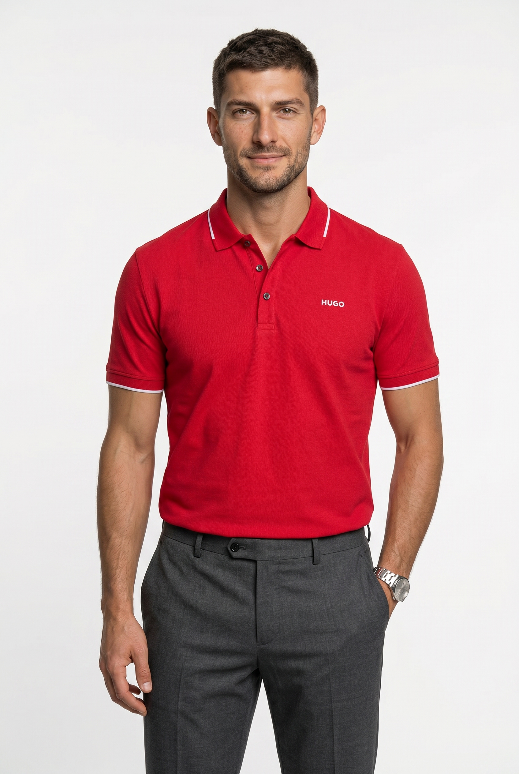 HUGO Poloshirt "Dinoso" Kragen mit kontrastfarbigem Streifen, Slim Fit, Logodruck