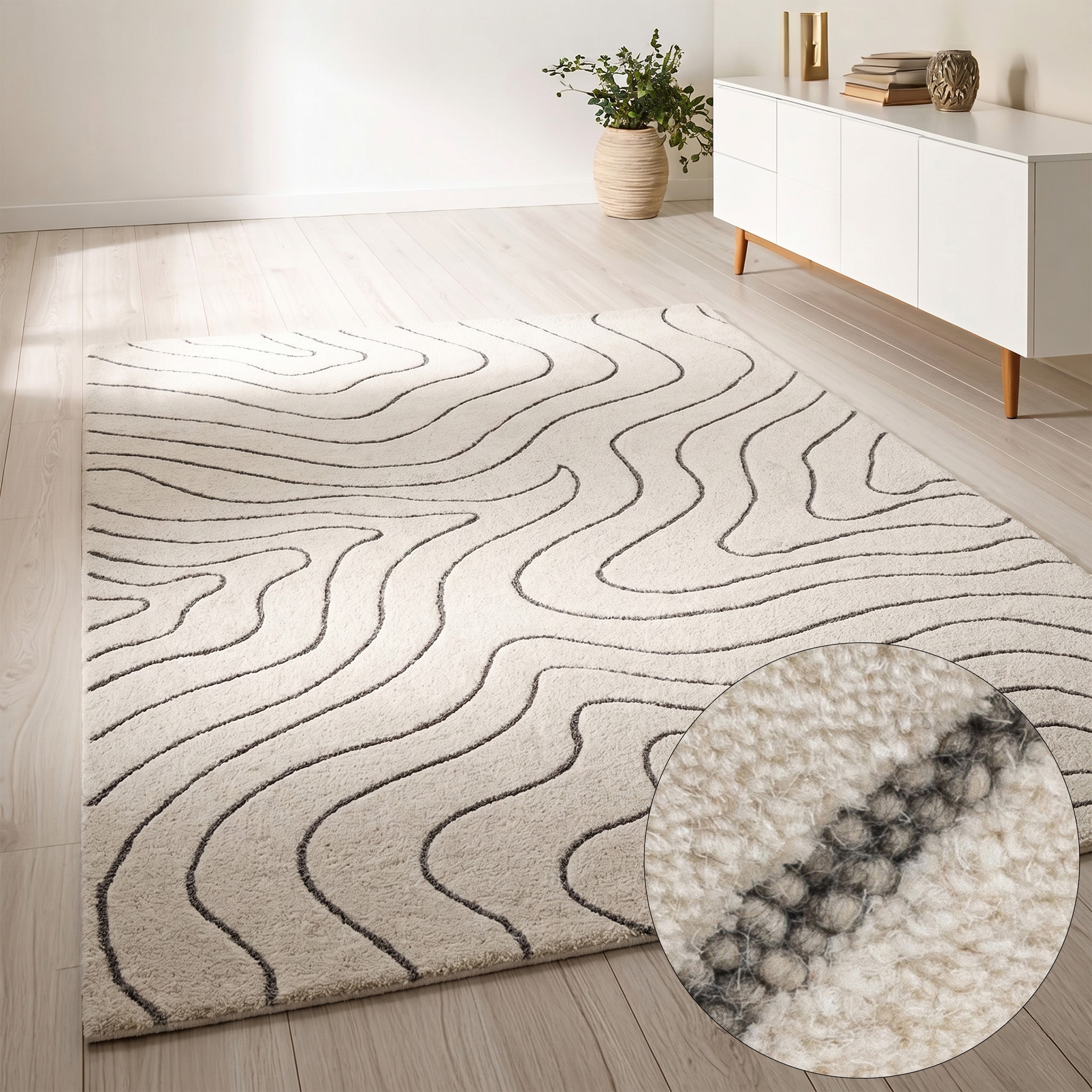 LeGer Home by Lena Gercke Wollteppich "Zarrah, mit Wellendesign, Linienmuster" rechteckig 14 mm Höhe reine Wolle, modern, Scandi, Wohnzimmer, Schlafzimmer, Esszimmer