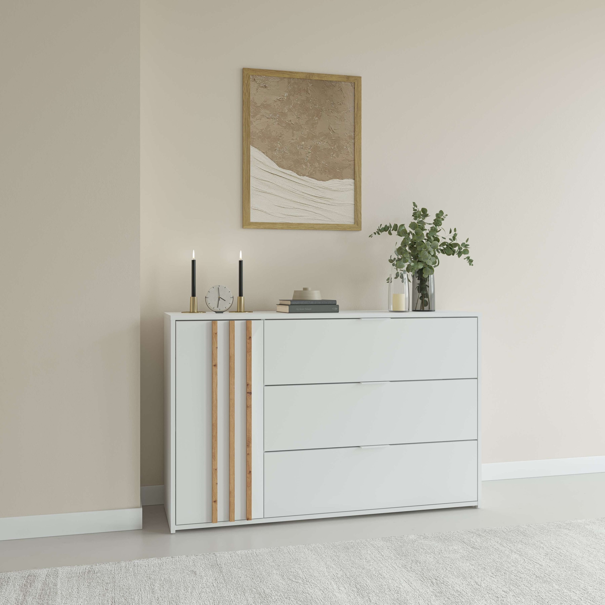 OTTO home Kommode "Kommode Caleera mit Drehtür, 3 Schubladen und MDF-Lamellen" Kommode B/H/T 125/79,8/35 cm