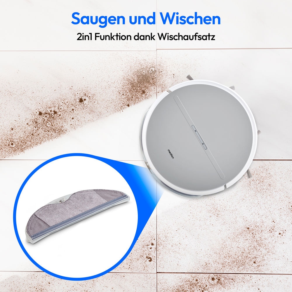 Medion® Saugroboter »E35 SW (MD 18035), Gyro-Navigation in S-Linien, 2 kPa Saugleistung«, Wischfunktion, 120 min Laufzeit, integriertes Zubehör