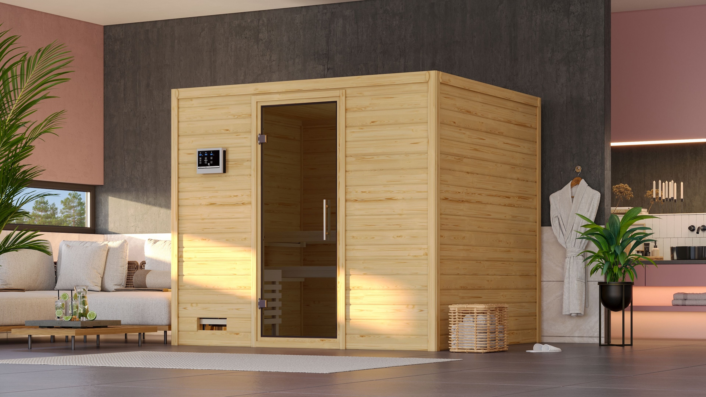 Karibu Sauna "Soraja", 9-kW-Bio-Ofen mit externer Steuerung