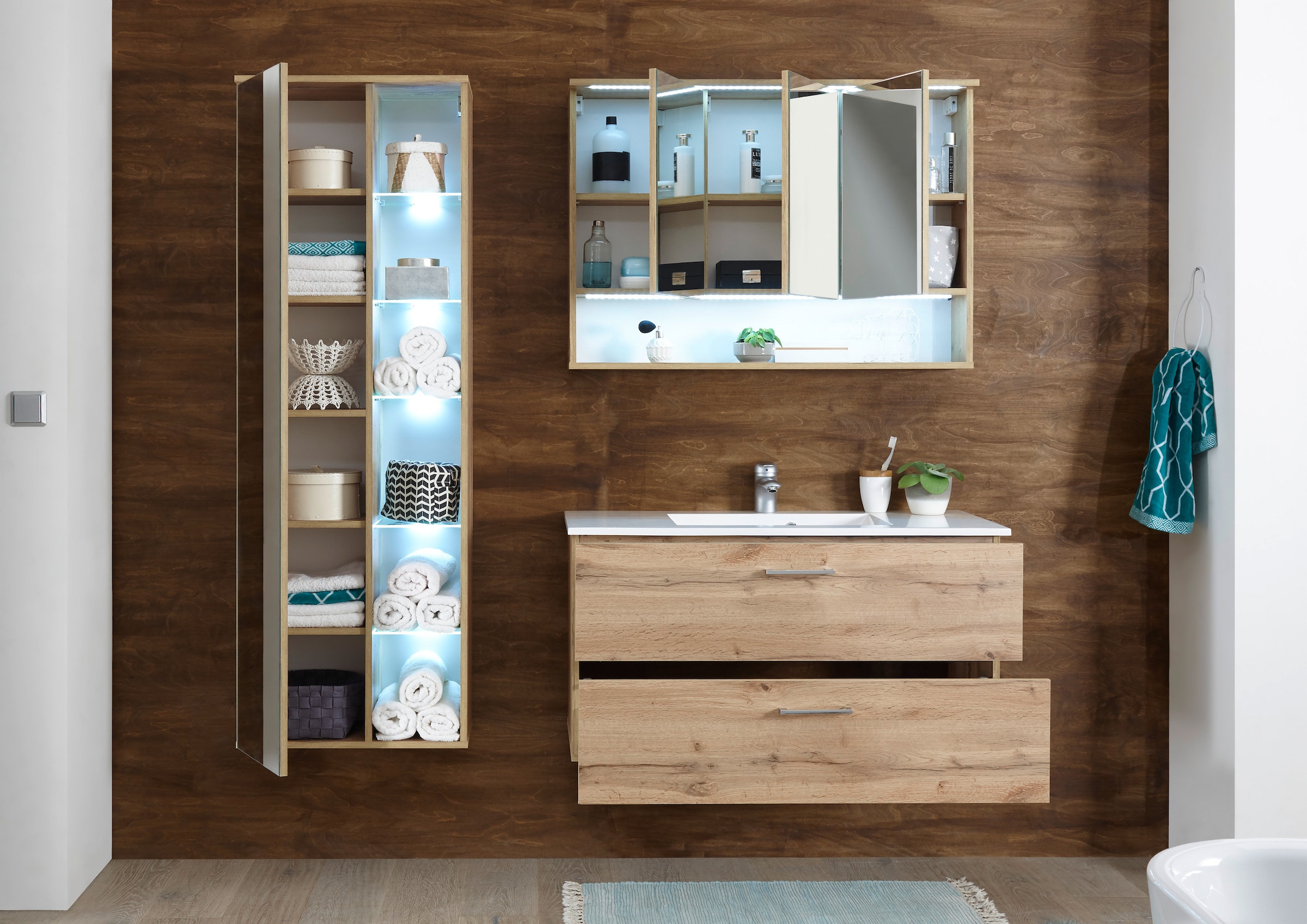 BASIC by Balculina Badmöbel-Set »Best«, (3 St.), Breite 185 cm,Badezimmerset 3-tlg, Softclose