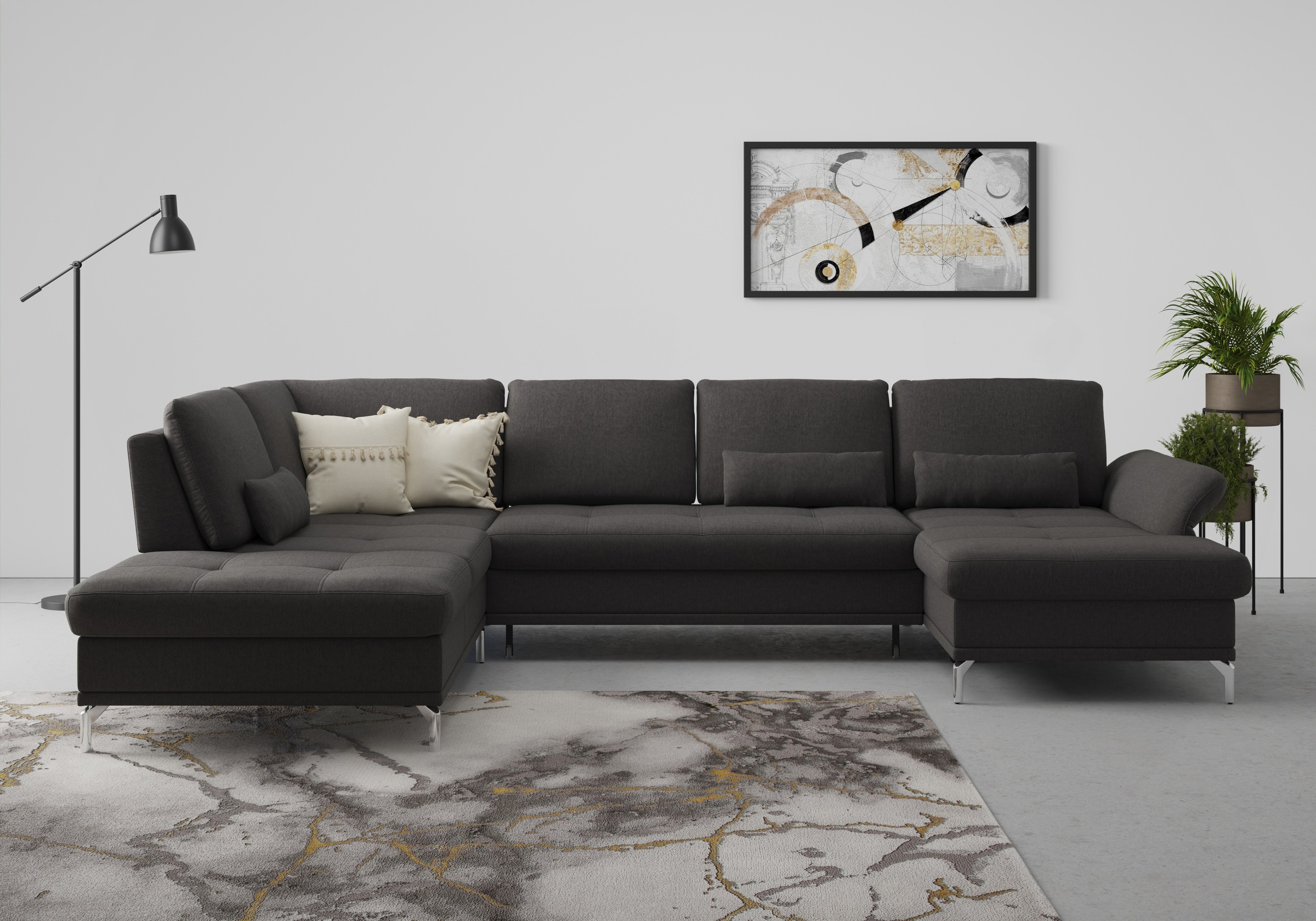 Wohnlandschaft HOME AFFAIRE "Palm Beach U-Form", grau (fango), B:347cm H:89cm T:224cm, 100%Polyester, Sofas, Wohnlandschaft, Federkern, mit Sitztiefenverstellung, wahlweise mit Bettfunktion 2