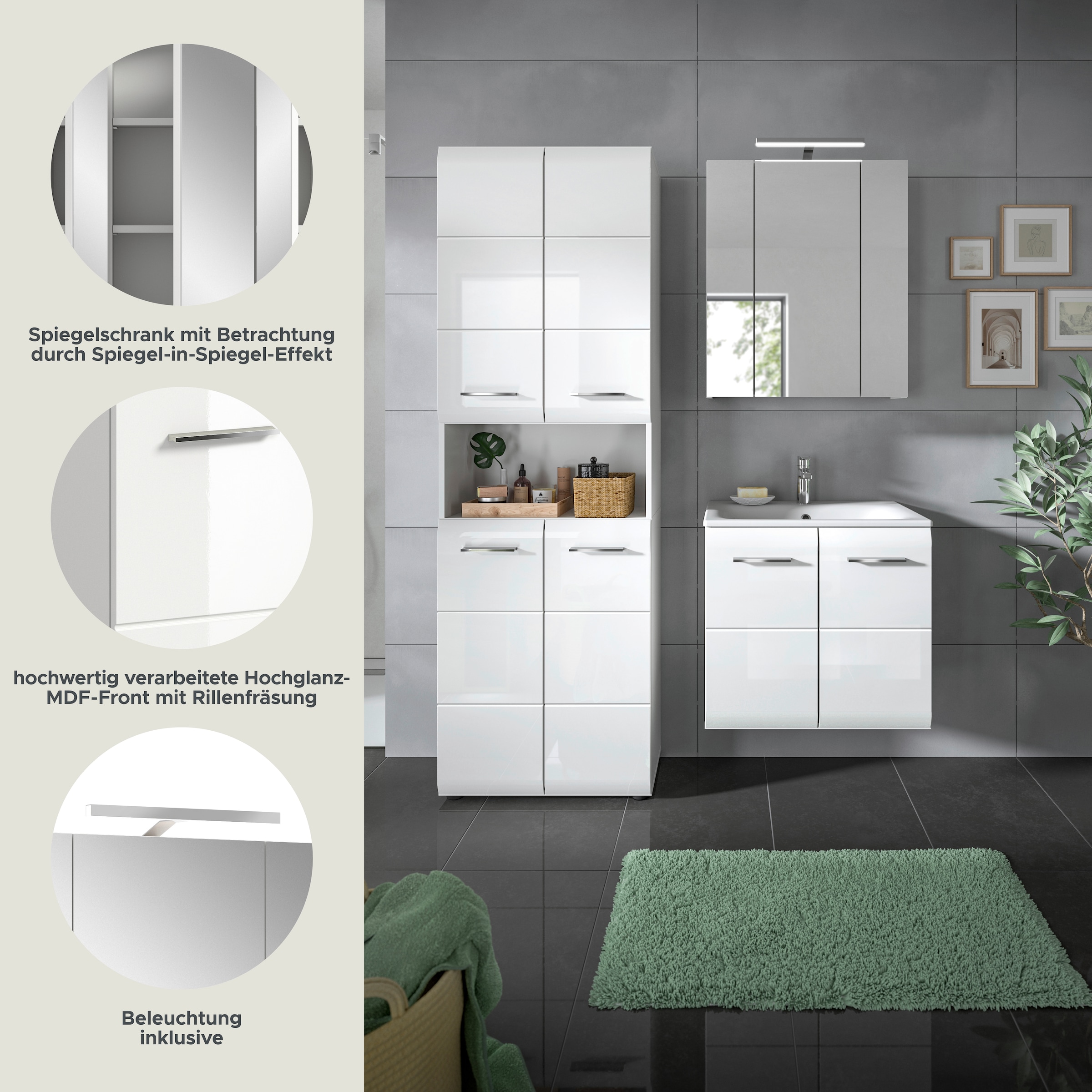 INOSIGN Badezimmer-Set, (Set, 5 St.), Florenz, Badkombination 5-tlg,Weiß hochgl. inkl. Waschbecken+Bel.