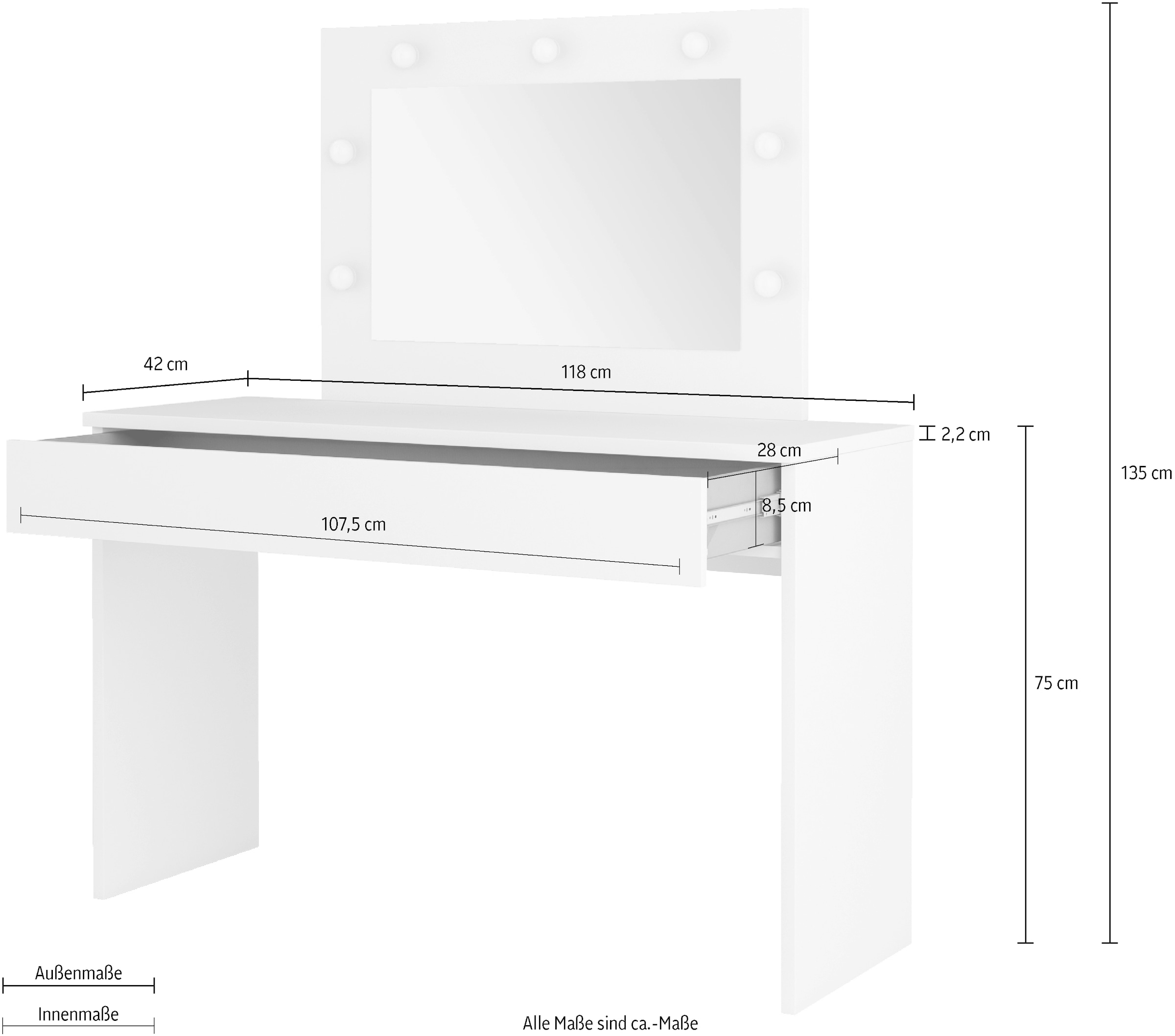 INOSIGN Schminktisch »Eva, Breite 118 cm, inkl. Beleuchtung, Spiegel, 1 Schublade«, Kosmetiktisch, modern, 2 Farben