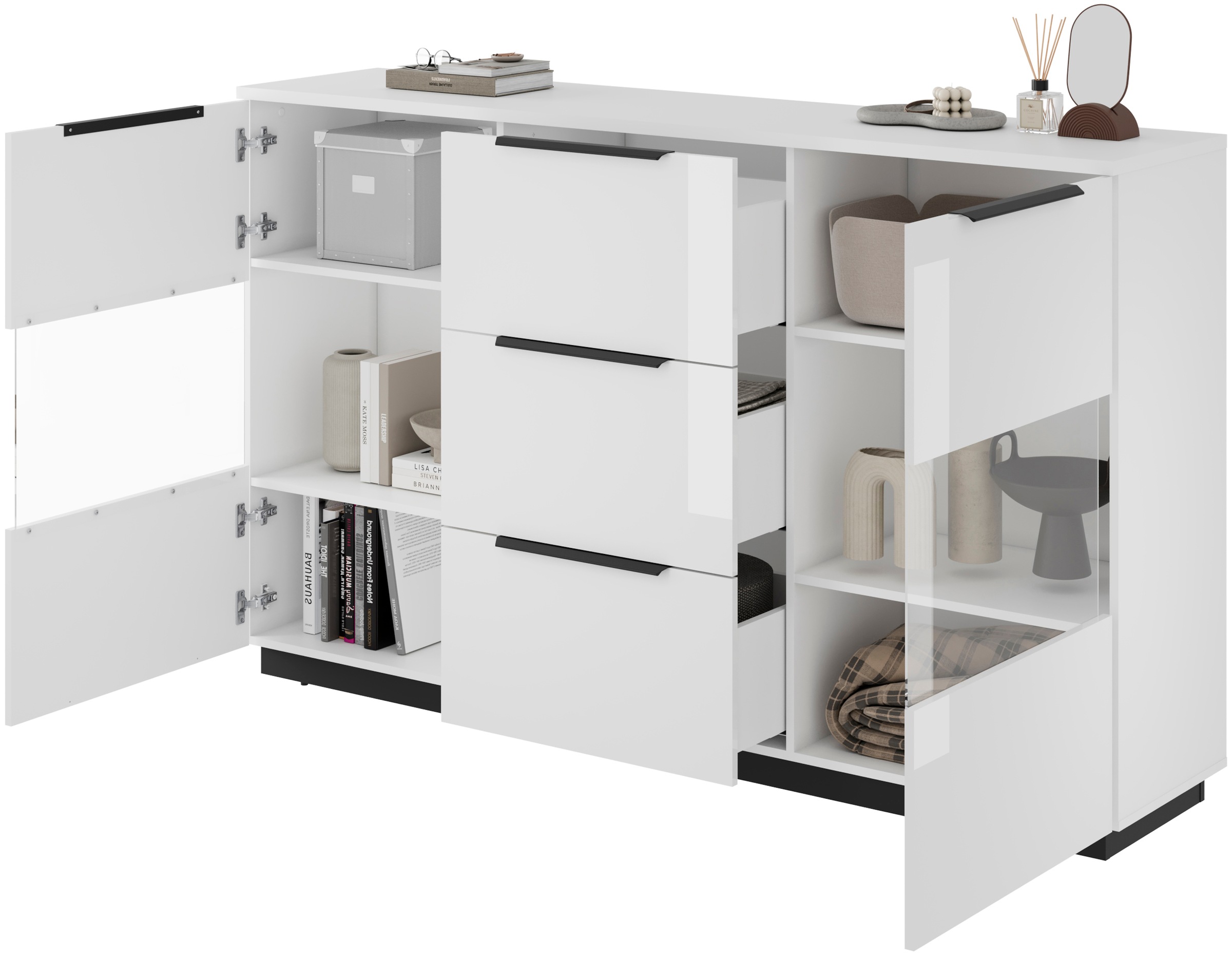 Home affaire Highboard »Tuluza, Breite 180 cm, moderne Hochkommode mit geräumiger Stauraum« Hochkommode mit 3 Schubladen, 6 Fächern, Glastüren, Hochglanzfront