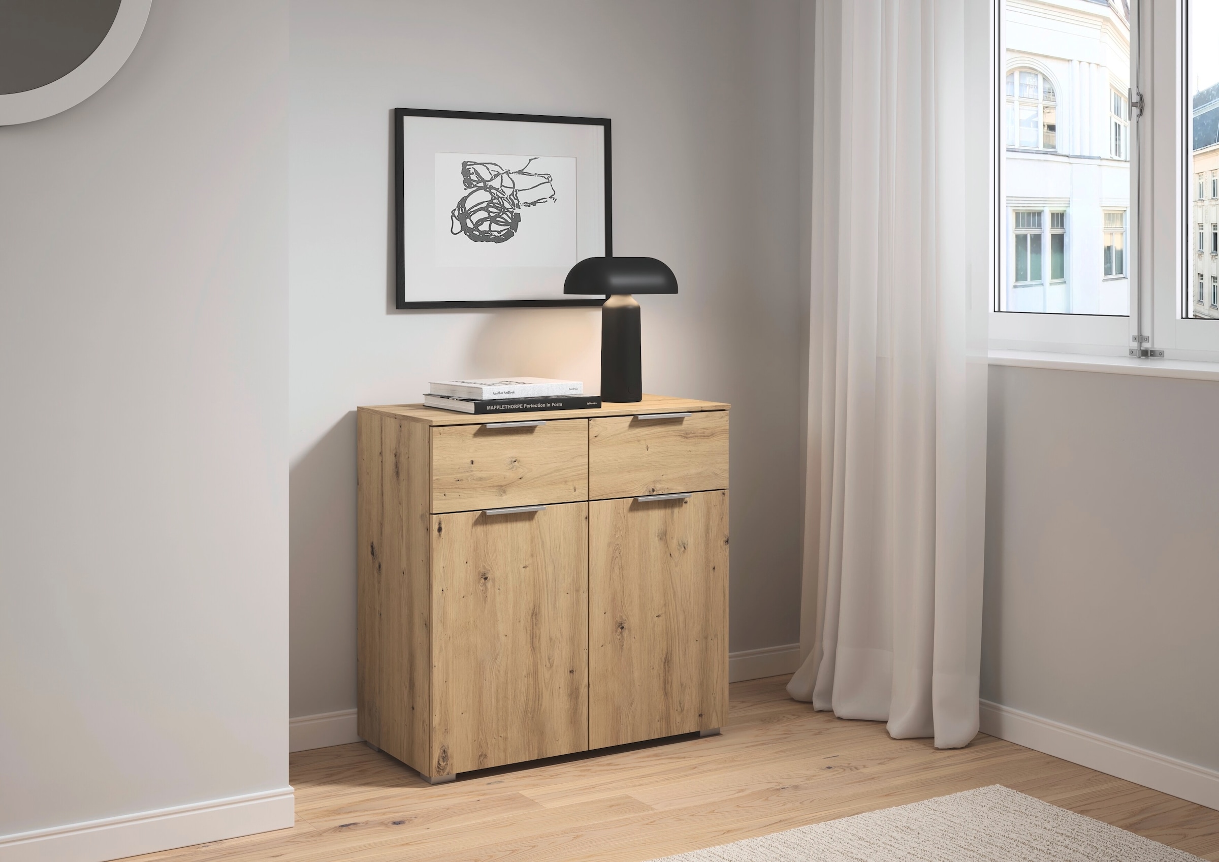 OTTO home Kombikommode »Kommode Sideboard Schubladenkommode Schlafzimmerkommode CORTONA« Breite 80 cm inkl. SOFT-CLOSE-FUNKTION, mit moderner Dekor-Front,  mit 2 Schubladen und 1 verstellbaren Einlegeboden MADE IN GERMANY