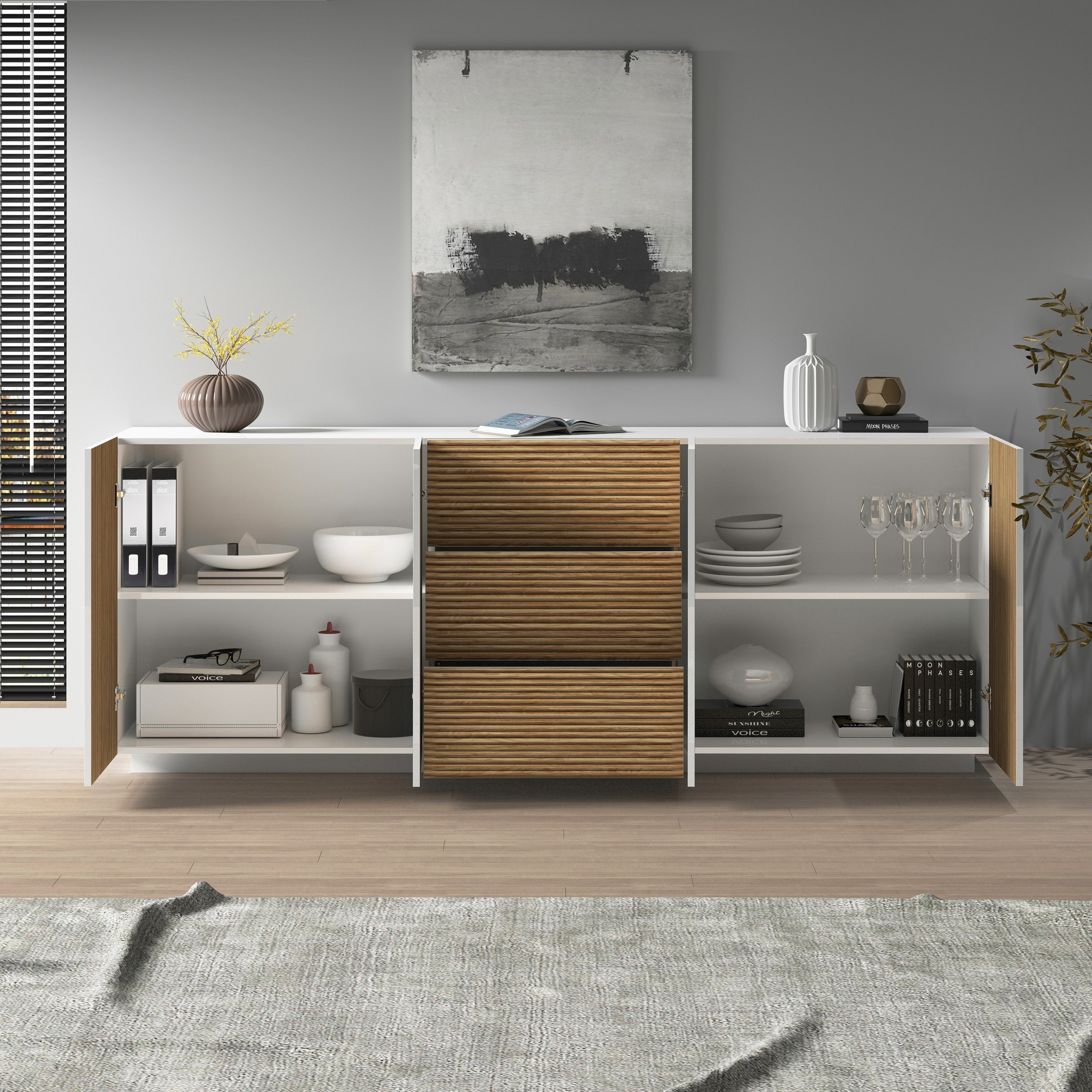INOSIGN Sideboard »Vega Sideboard,Kommode,220 cm«, mit 4 Türen und 3 Schubladen,Fronten mit Rillen-Optik
