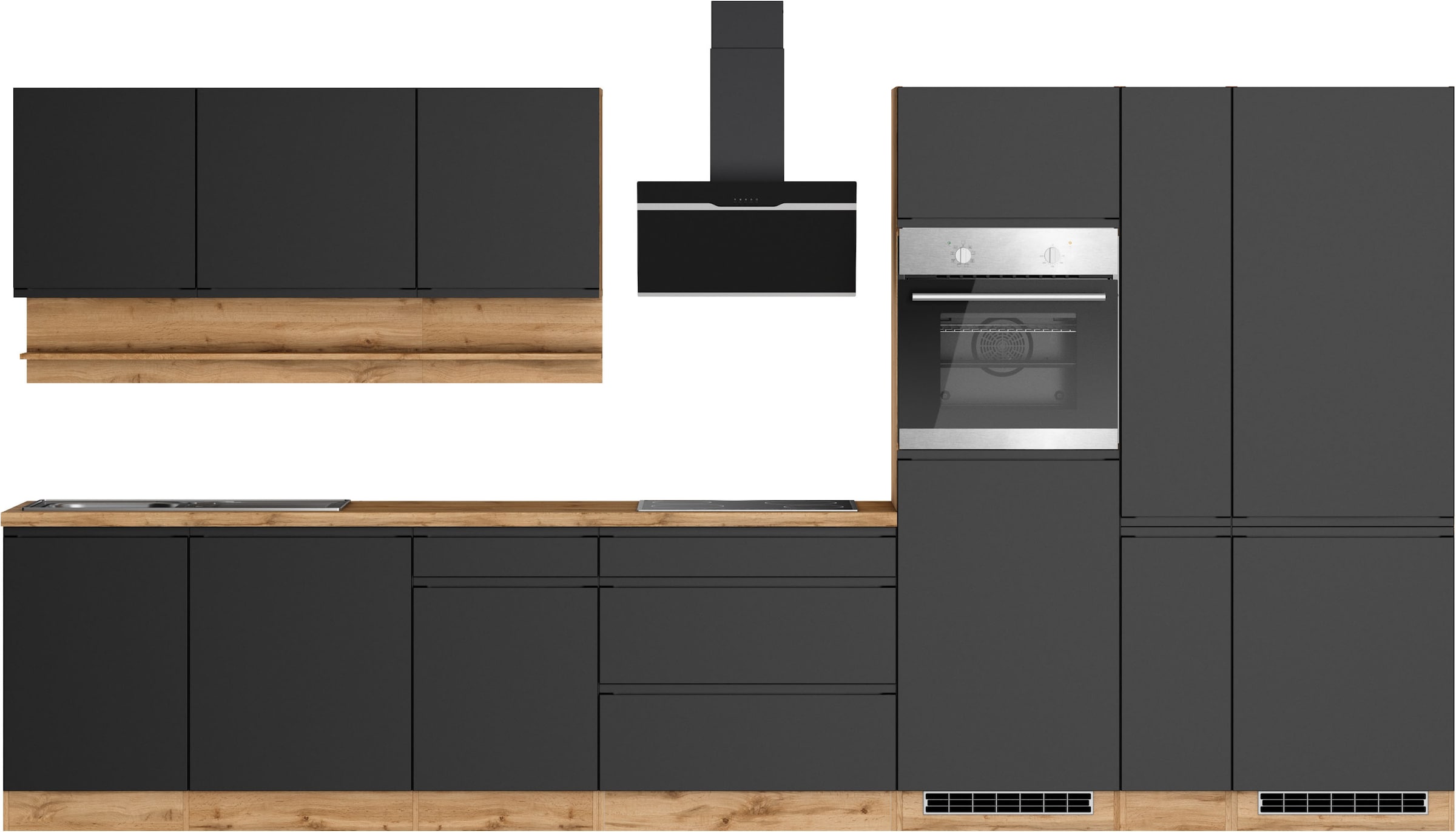 KOCHSTATION Küchenzeile »KS-Virginia,neu in verbesserter Ausführung« Arbeitsplatte 38 mm stark, Stauraum, Softclose,  Breite 390 cm, Soft-Close, mit Glaskeramik-oder Induktionskochfeld