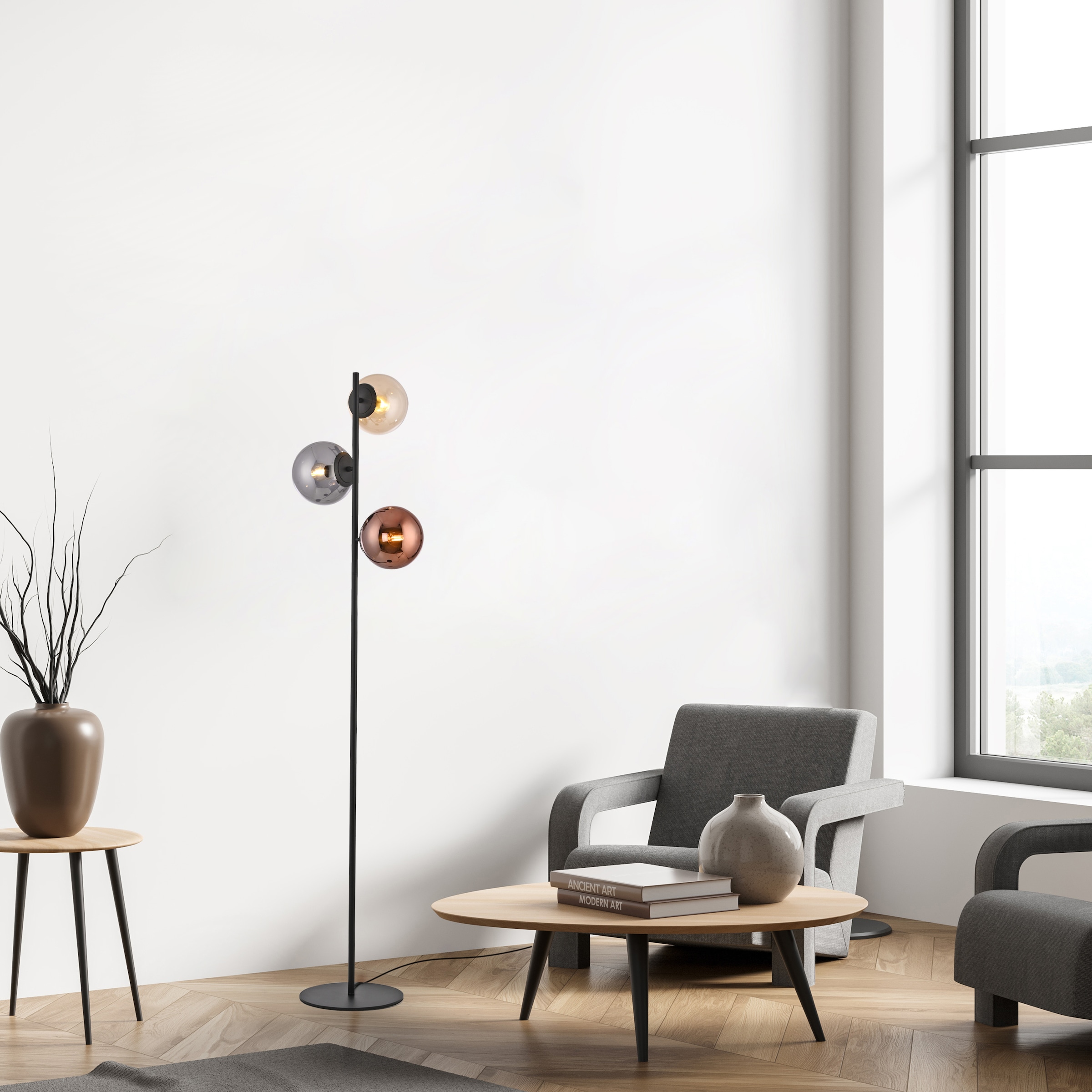 JUST LIGHT Stehlampe »SHINY« E14 1 Stk. Exklusive E14, Fußschalter, Kupfer-/Amber-/Rauchglas verspiegelt