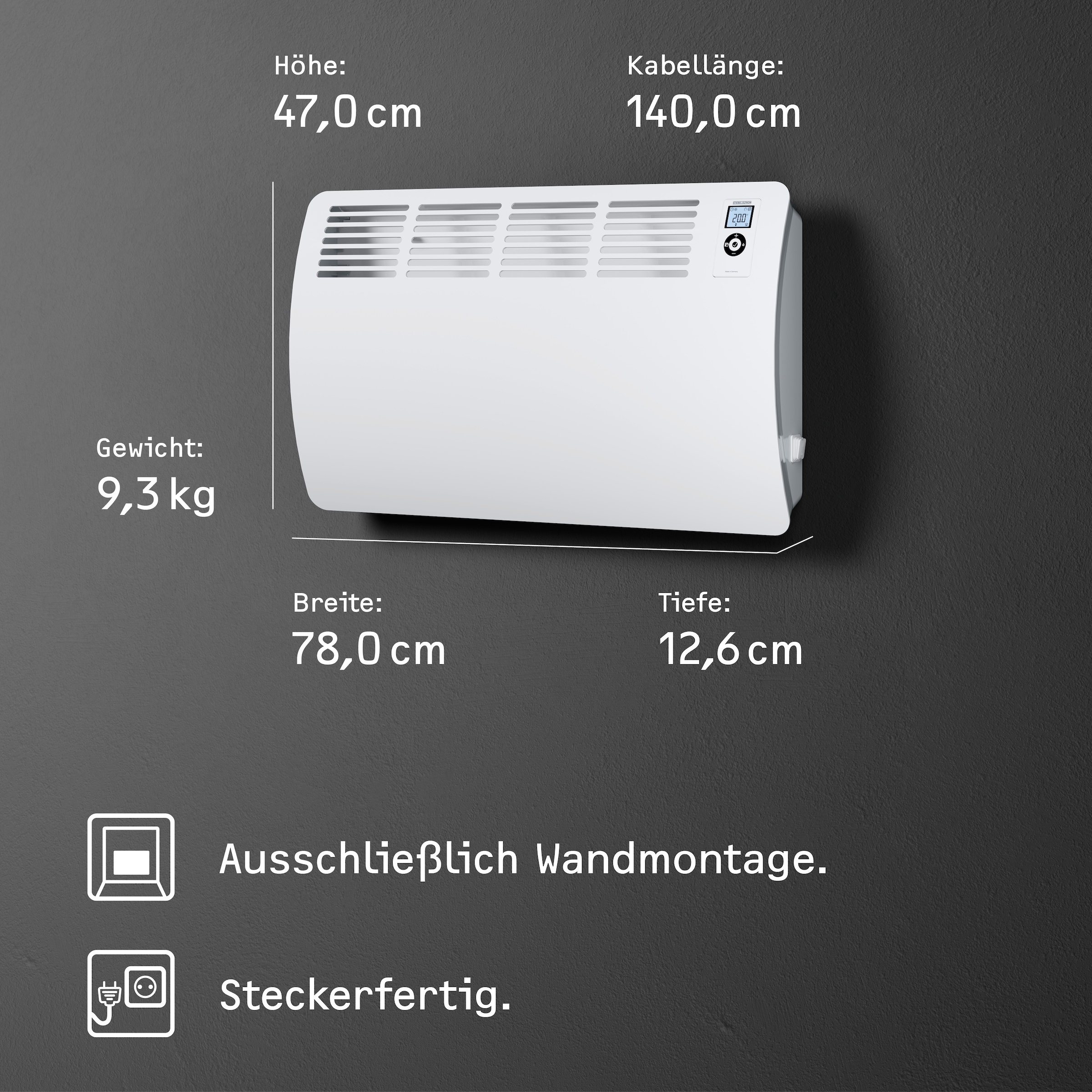 STIEBEL ELTRON Konvektor »»CON 20 Premium«, Wandkonvektor, energiesparend, VDE geprüft, 2 kW«, für ca. 25 m², LC-Display, Wochen-/120 Min-Kurzzeittimer, Silent Mode