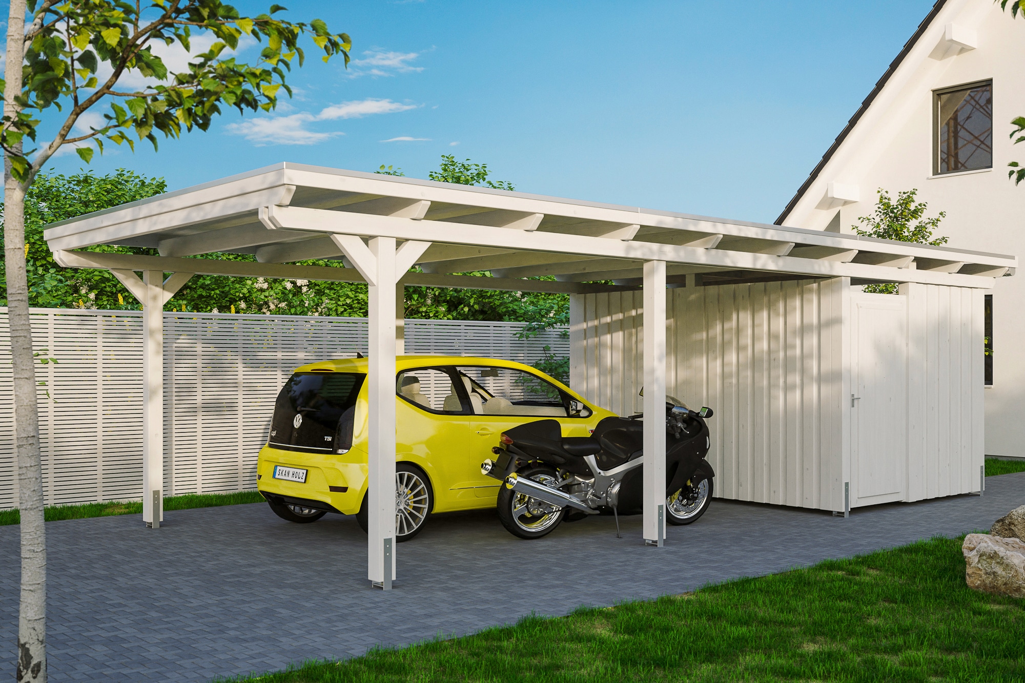 Skanholz Einzelcarport "Emsland" Massivholz 341 cm weiß mit Abstellraum, versch. Farben
