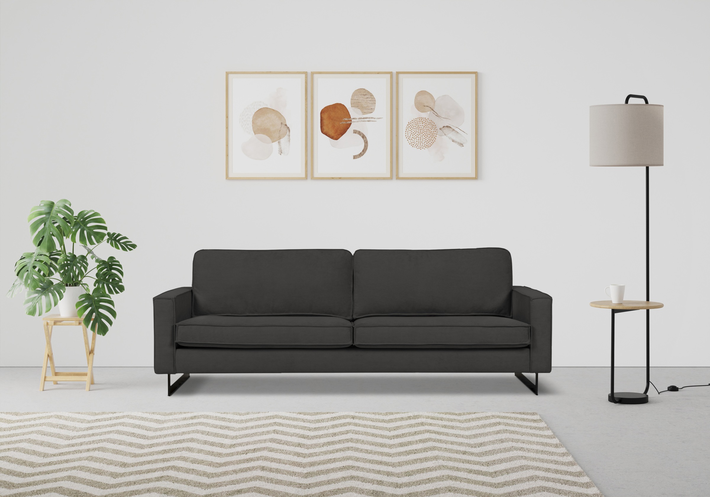 Places of Style 3-Sitzer »Maxi-Ausführung Pinto, 236 cm, Cord, Chenille, Lederoptik«, mit Keder, schwarze Metallfüße, Wellenunterfederung