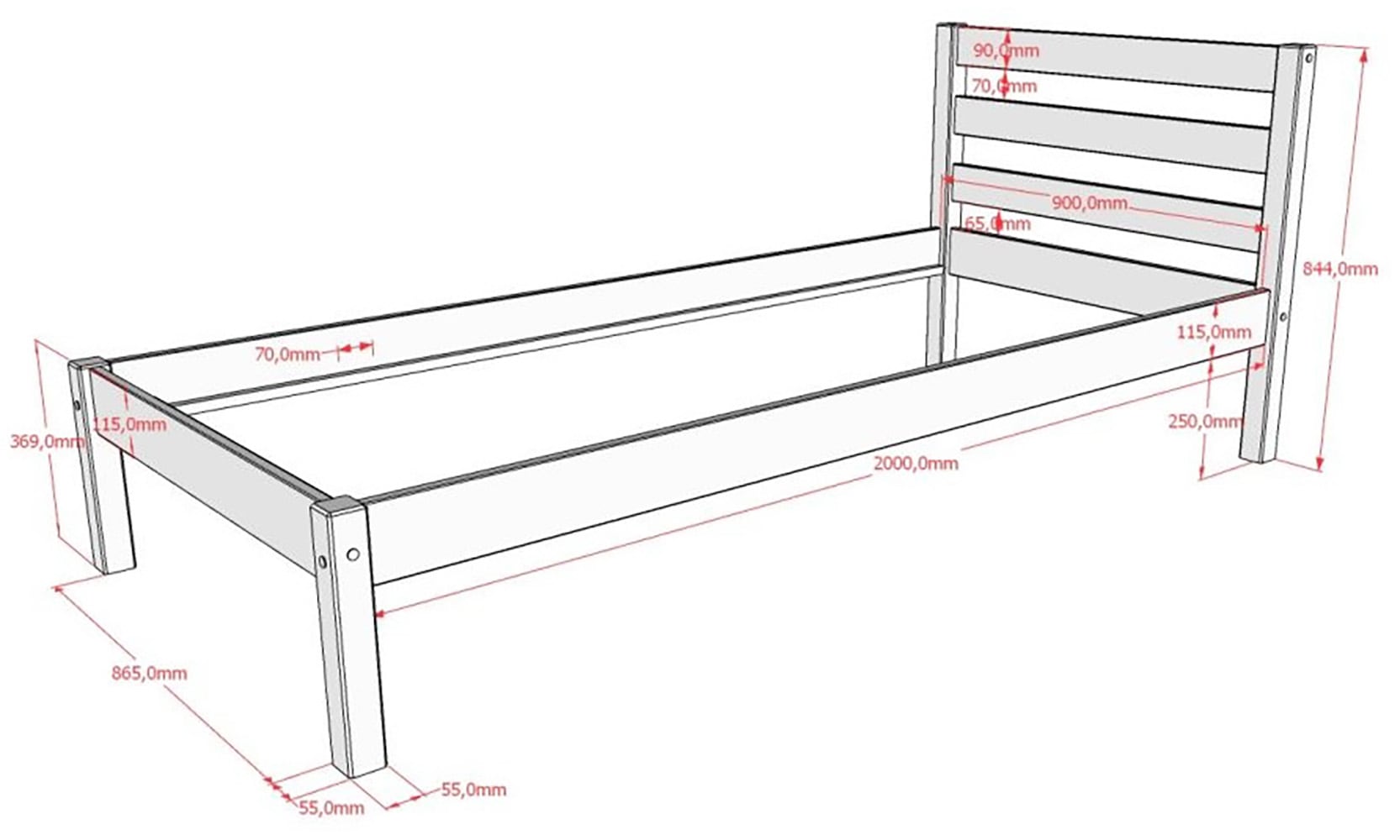 Vipack Massivholzbett »Pino, universell einsetzbar, gradliniges Design, Made in Europe« B: 211 x H: 84,4 x T: 97,5 cm, Liegefläche 90/200 cm, stabil gebaut,  inkl. Rolllattenrost, Kiefer massiv, in Natur oder Weiß lackiert