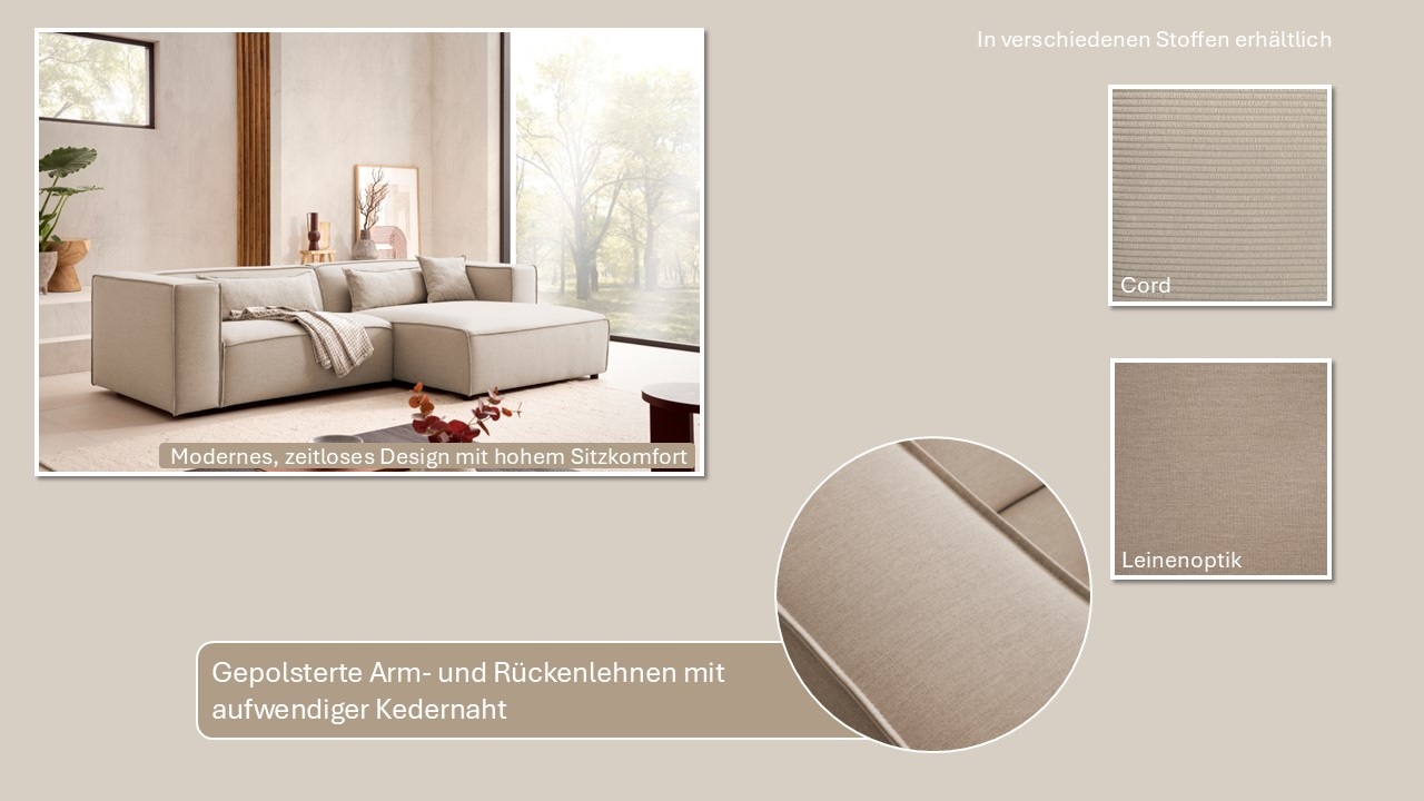 LeGer Home by Lena Gercke Ecksofa »PIARA mit Kedernaht in Cord oder Leinenoptik, moderne Couch in L-Form«, wahlweise Ottomane rechts/links, schwarze Füße, bequemer Sitzkomfort