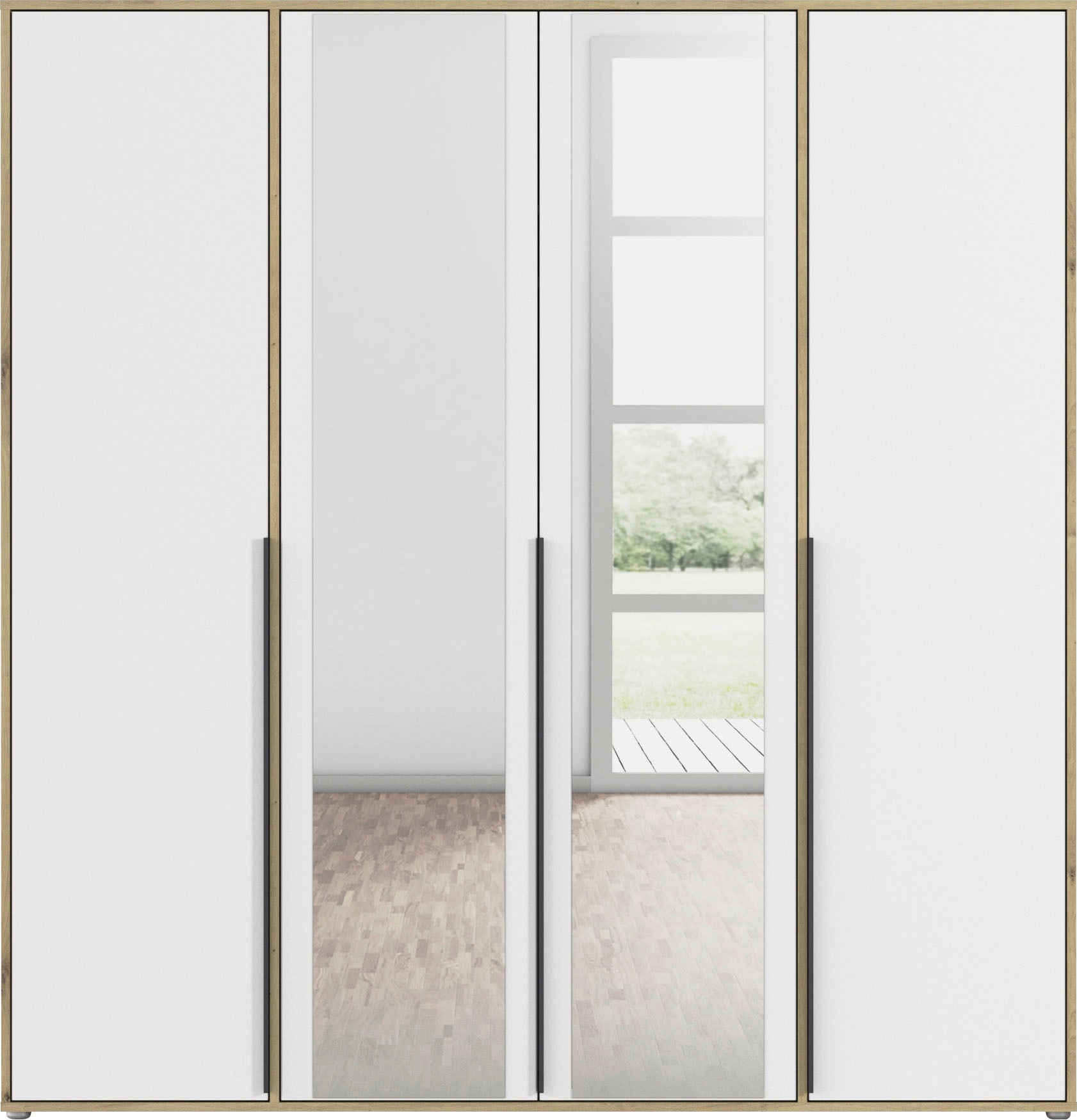 rauch Drehtürenschrank »Kleiderschrank Schrank Garderobe Wäscheschrank NAGATA mit Spiegel«, (in 3 verschiedenen Ausstattungen BASIC/CLASSIC/PREMIUM), und modernen Stangengriffen in Graumetallic TOPSELLER MADE IN GERMANY