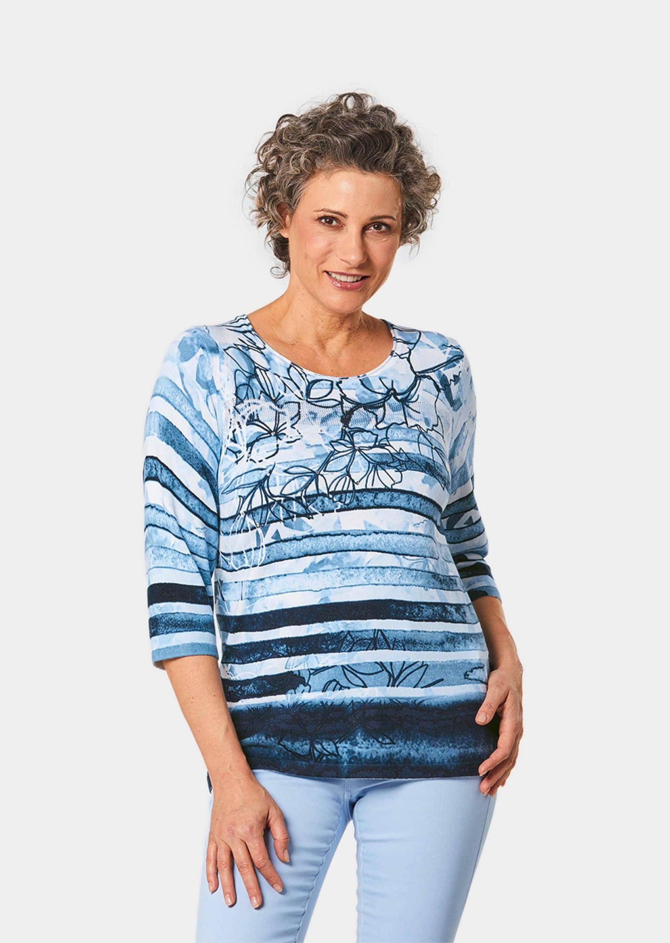 GOLDNER Rundhalspullover »Rundhalspullover Unkomplizierter Druckpullover mit schimmernden Schmucksteinen«