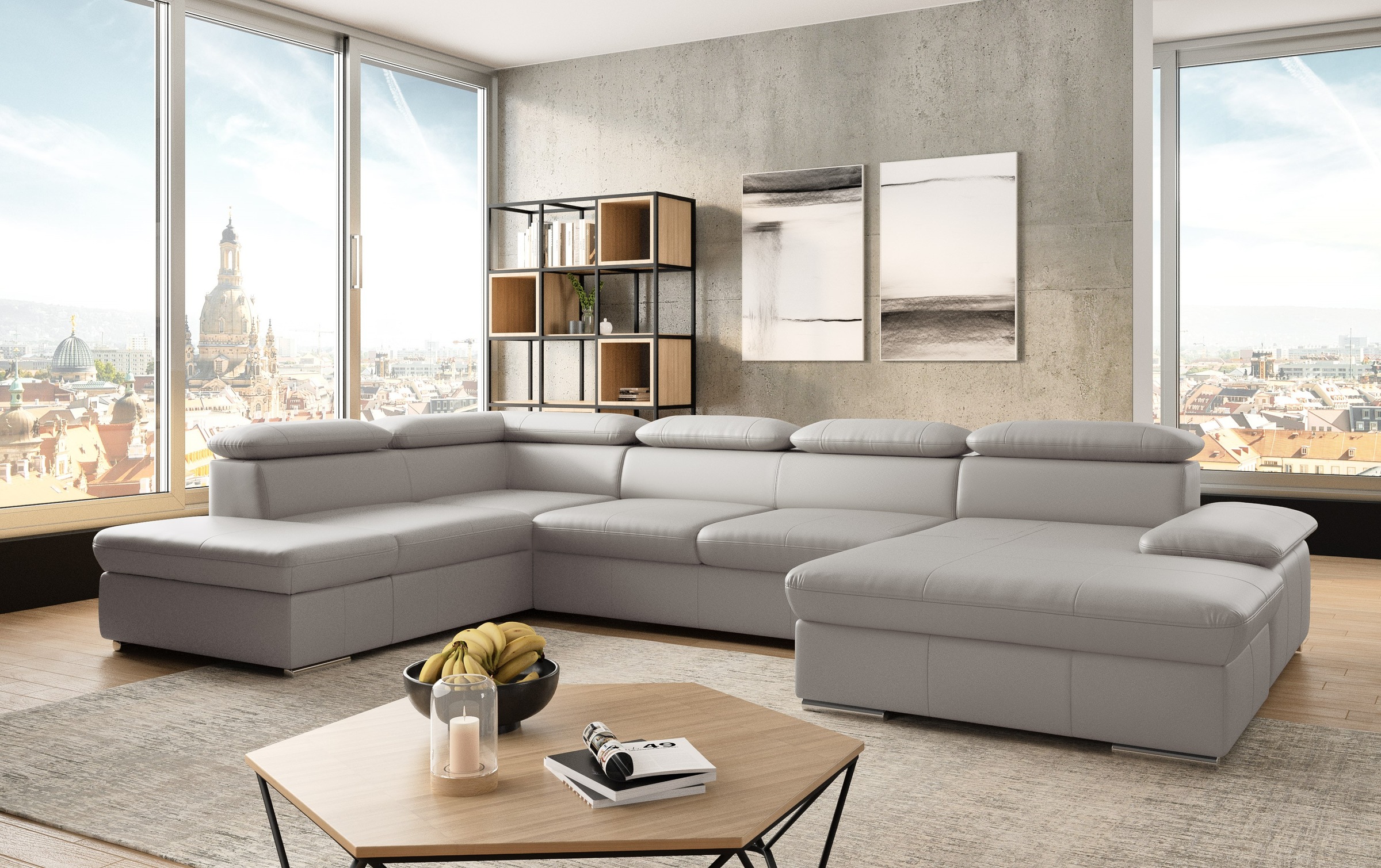 Wohnlandschaft SIT & MORE "Valantine U-Form, B: 349 cm", grau (light grau), B:349cm H:73cm T:226cm, Sofas, Wohnlandschaft, mit Arm- & Kopfteilverstellung, optional mit Bettfunktion