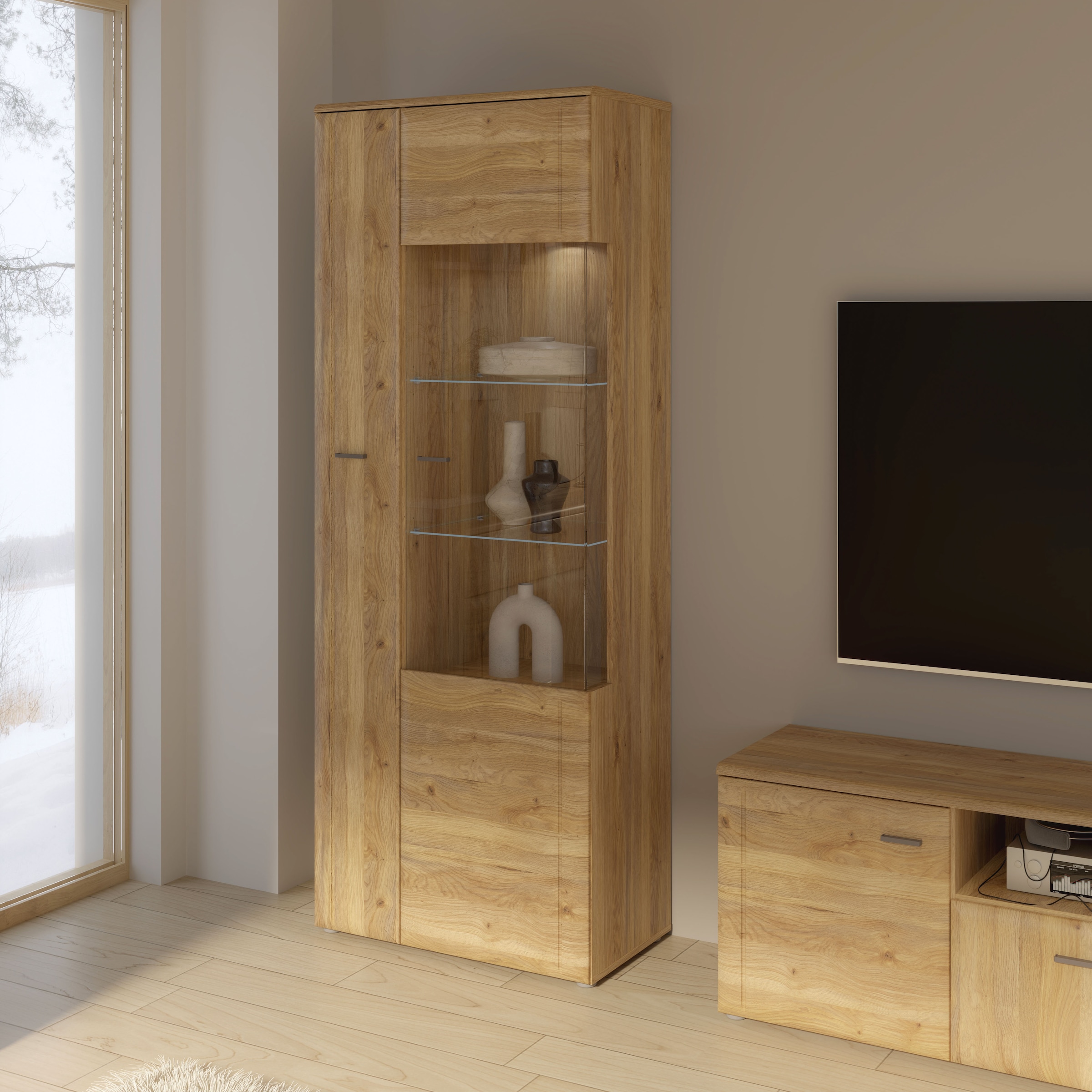 FORTE Vitrine »Akinori«, (B/H/T 75,1/197,6/41,8 cm), Highboardvitrine, Glastüre, Soft Close, MDF Front, Metallgriffe