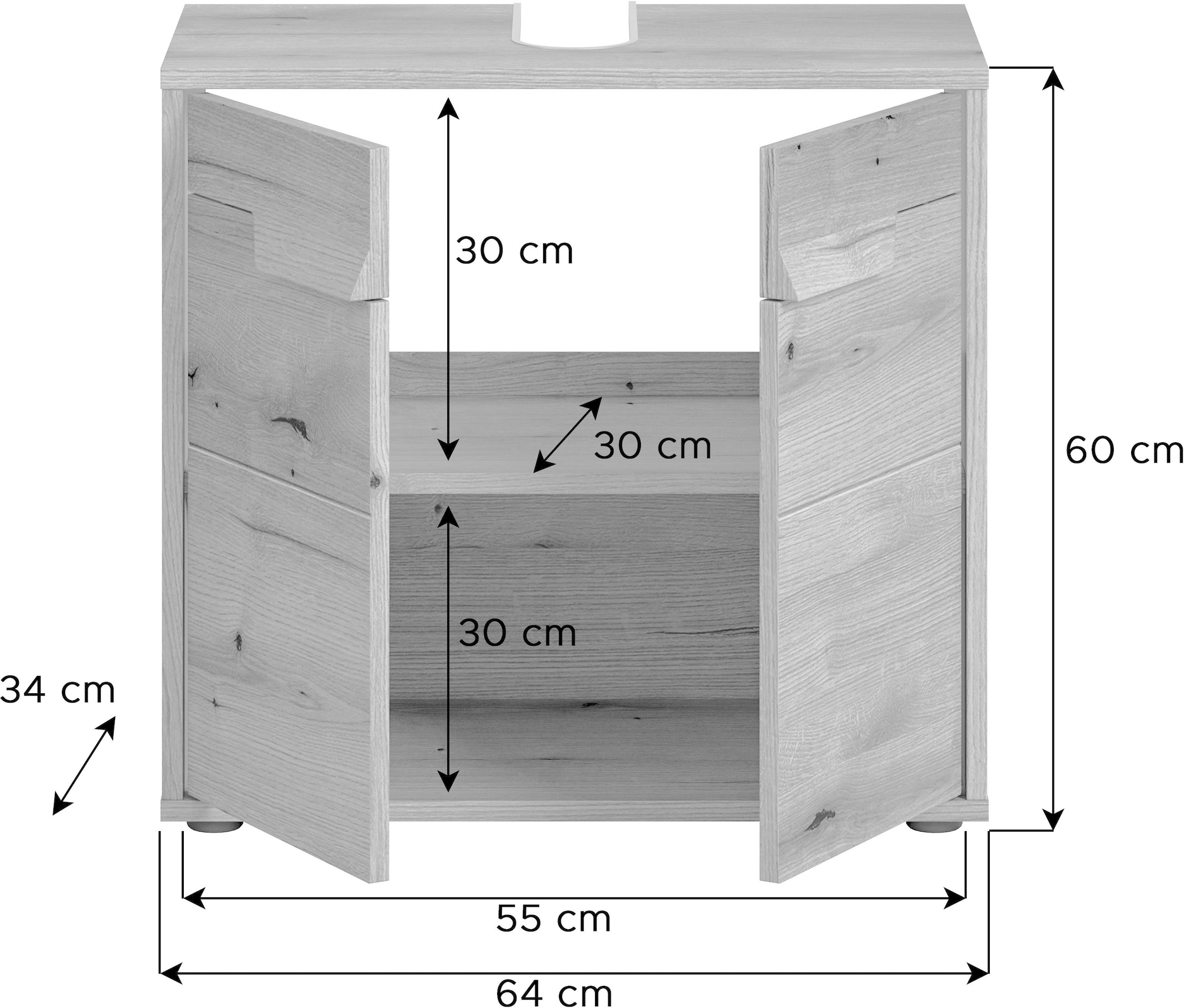welltime Waschbeckenunterschrank »Kayu, Breite 64 cm, 2 Türen, 1 Einlegeboden«, einzigartiges Griffdesign, Badschrank, Bad-Möbel, Badezimmer, Bad