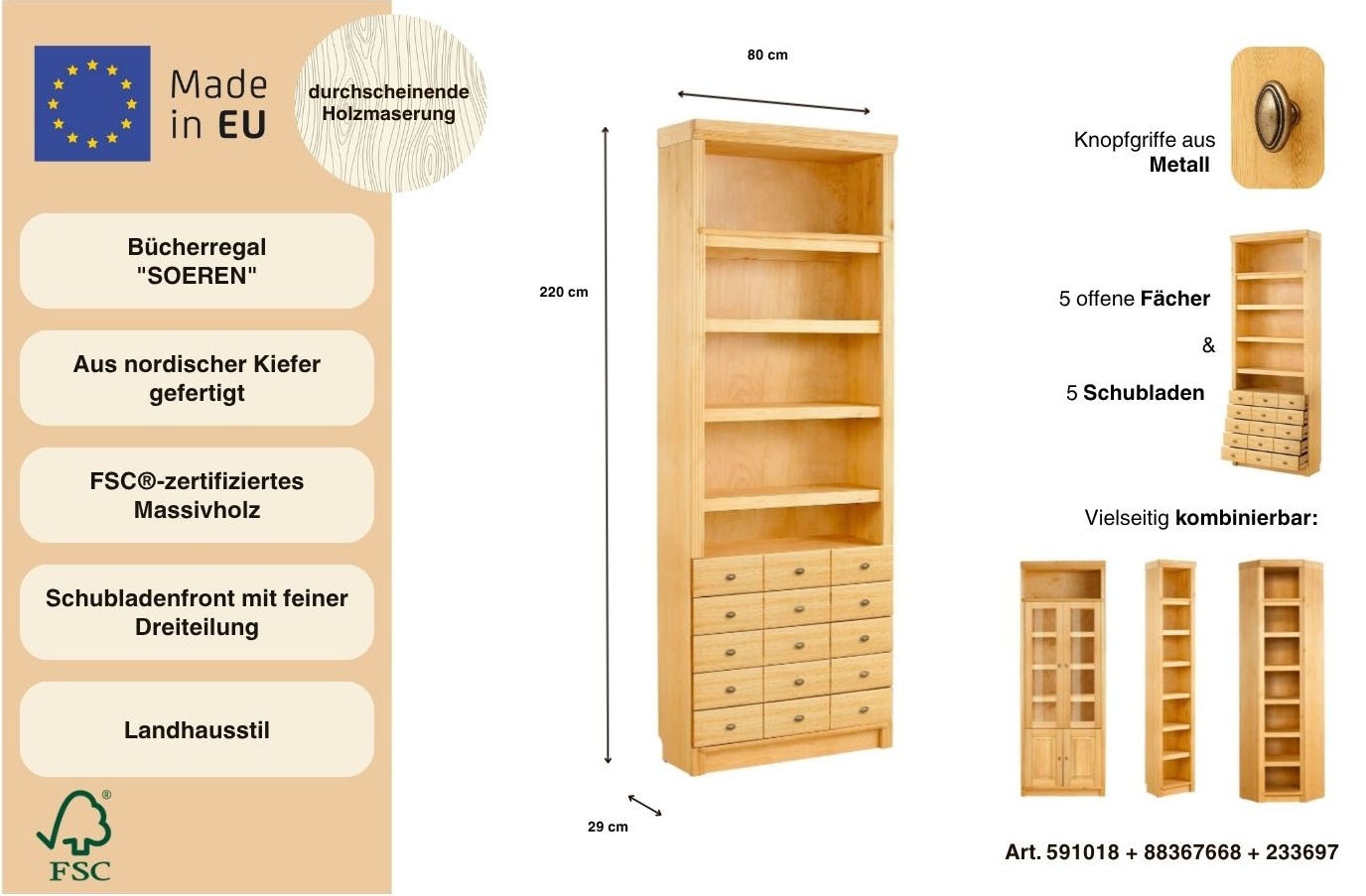 Home affaire Bücherregal »Soeren« aus massiver Kiefer, in 2 Höhen, Tiefe 29 cm, mit 5 Schubkästen