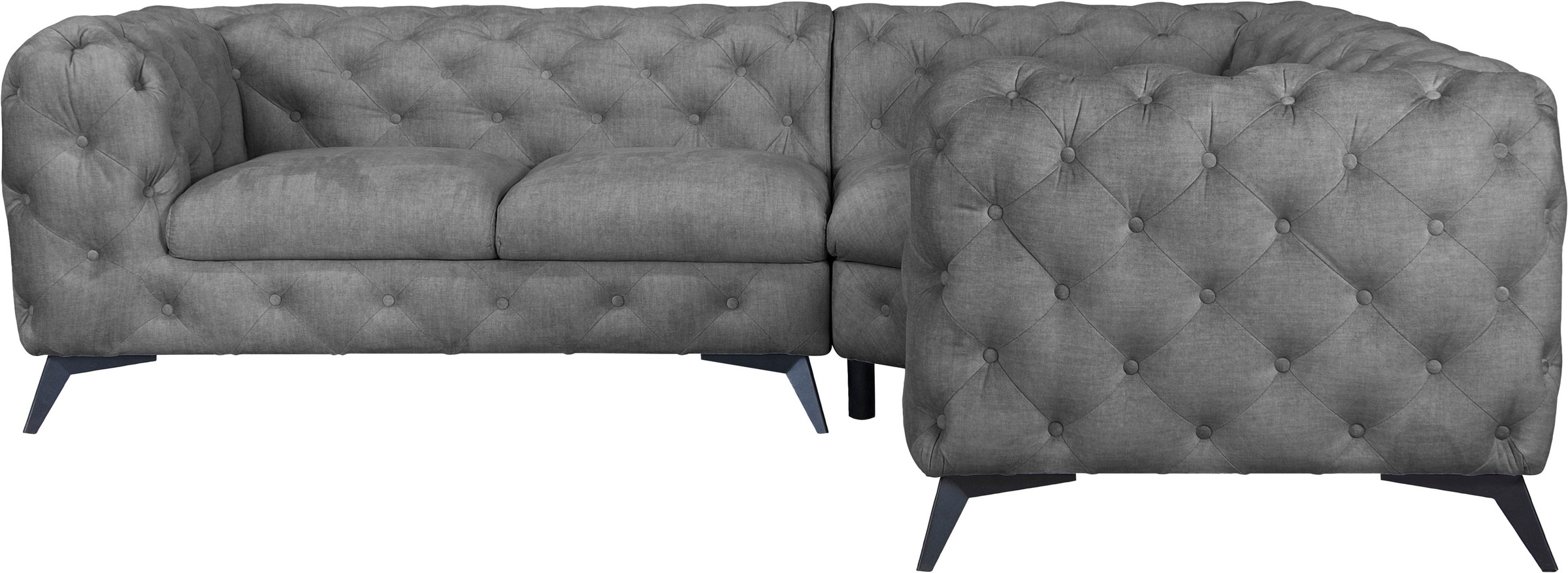 Leonique Chesterfield-Sofa »Ecksofa GLYNIS L-Form mit Wellenunterfederung, Maße B/T/H 264/264/75cm«, aufwändige Knopfheftung, moderne Chesterfield Optik, Fußfarbe wählbar