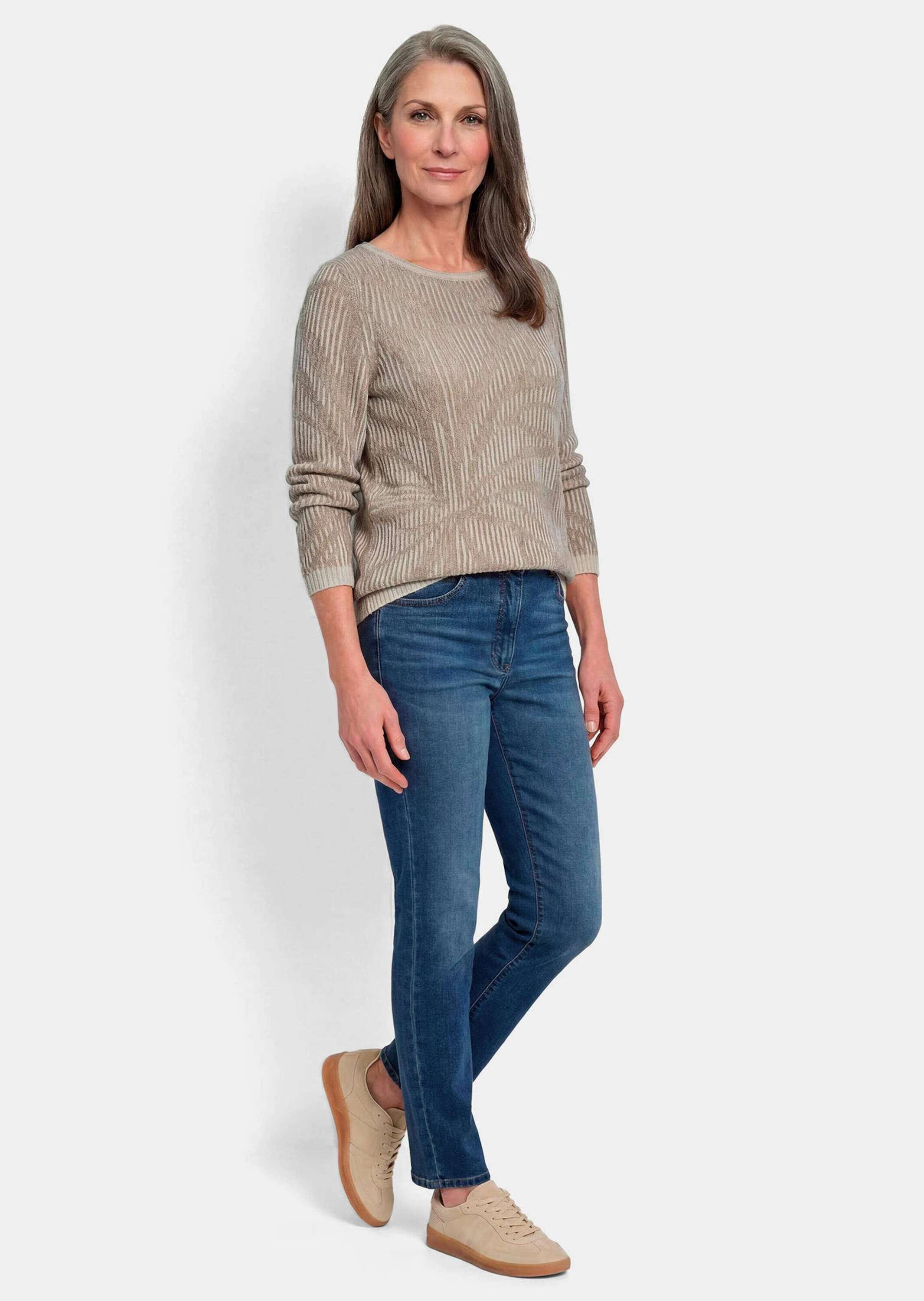GOLDNER Rundhalspullover »Strickpullover mit Blumenmuster« Rollbündchen am Ausschnitt