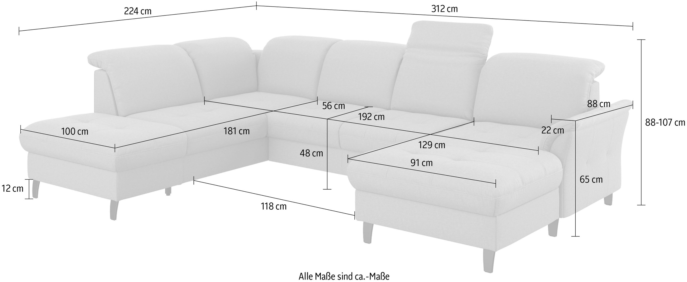 sit&more Wohnlandschaft »Maggiore U-Form«, wahlweise mit Kopfteilverstellung, Bettfunktion und Stauraum