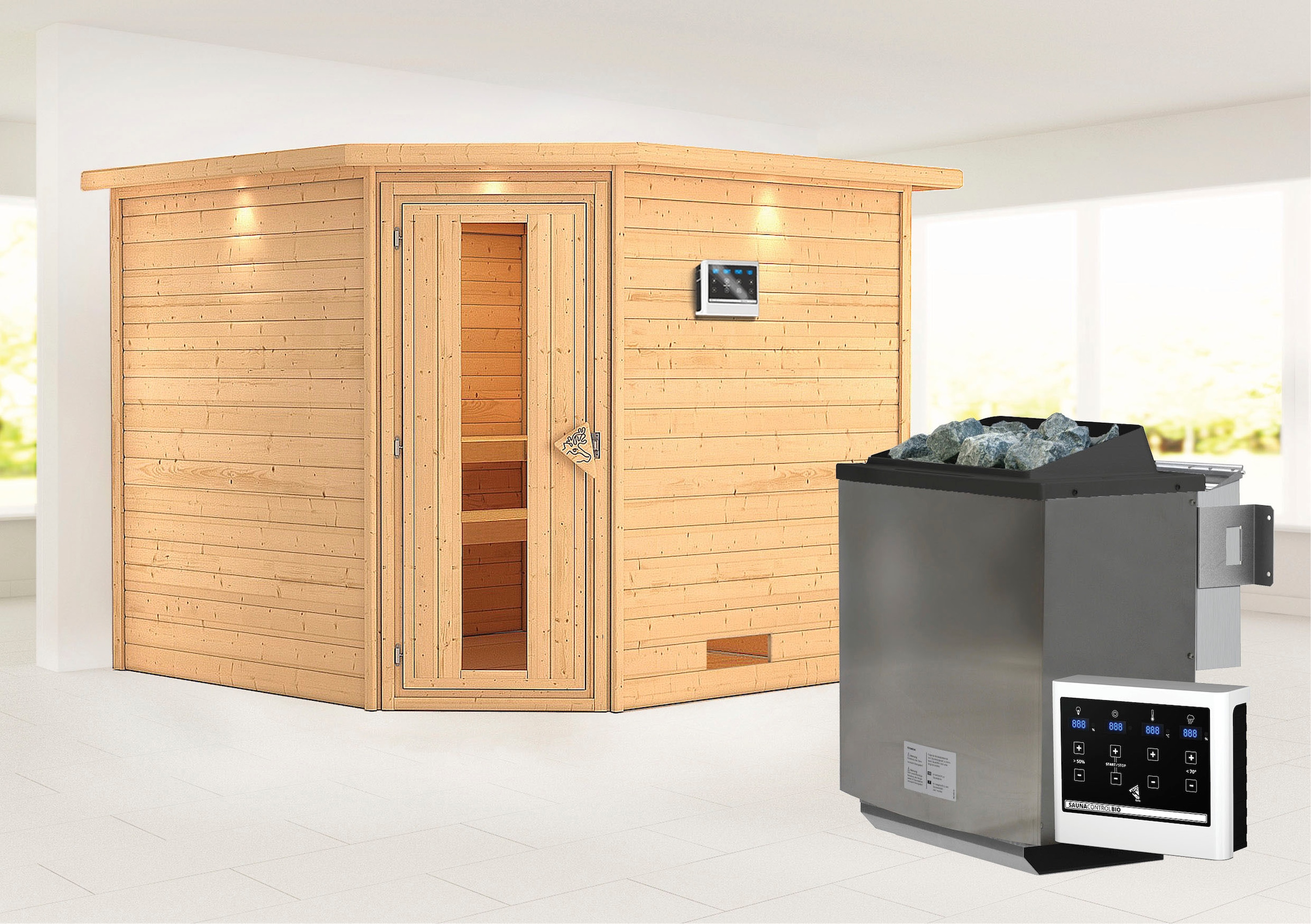 Karibu Sauna ""Leona" mit Kranz und Energiespartür Ofen 9 kW Bio externe Strg modern", aus hochwertiger nordischer Ficht