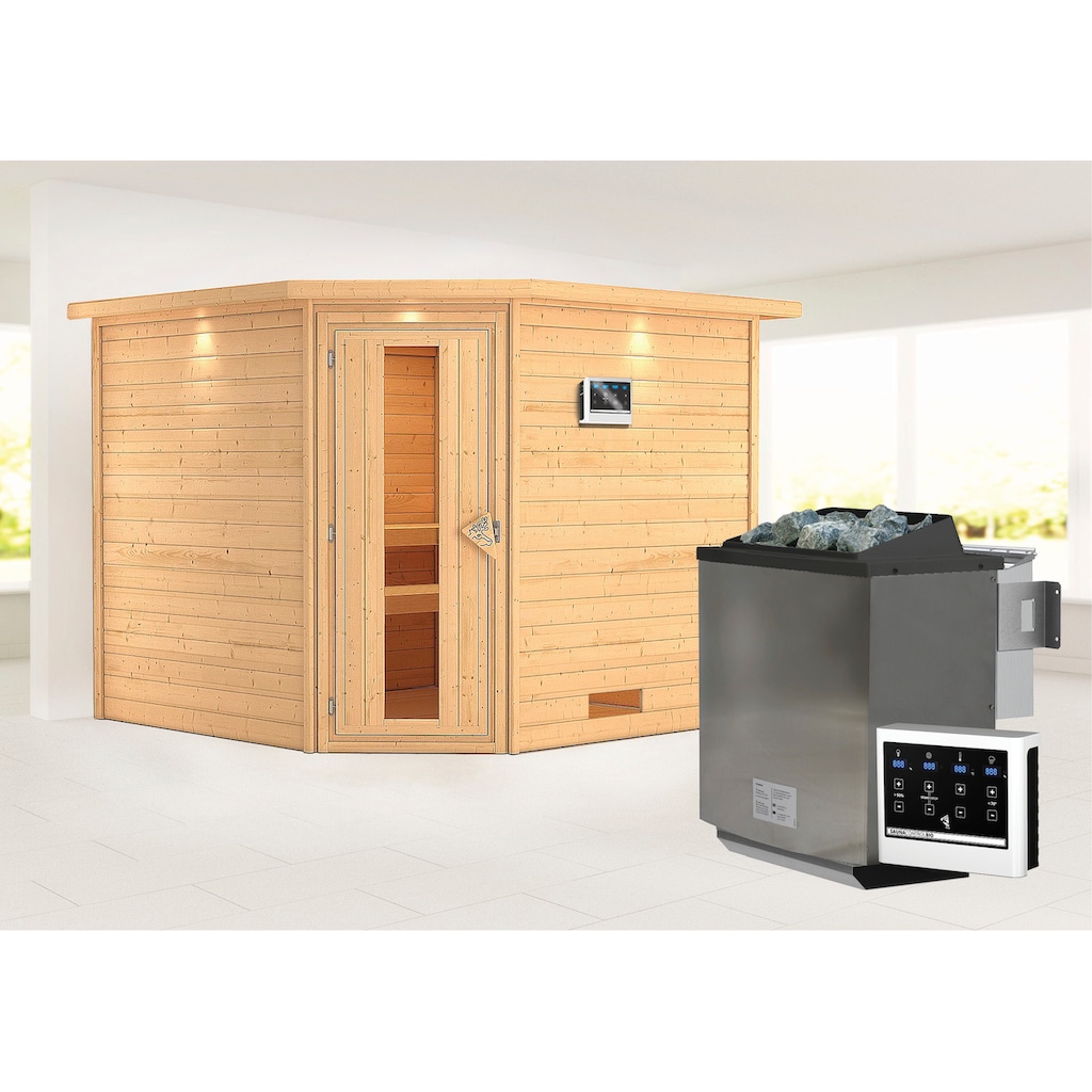 Karibu Sauna »"Leona" mit Kranz und Energiespartür Ofen 9 kW Bio externe Strg modern«