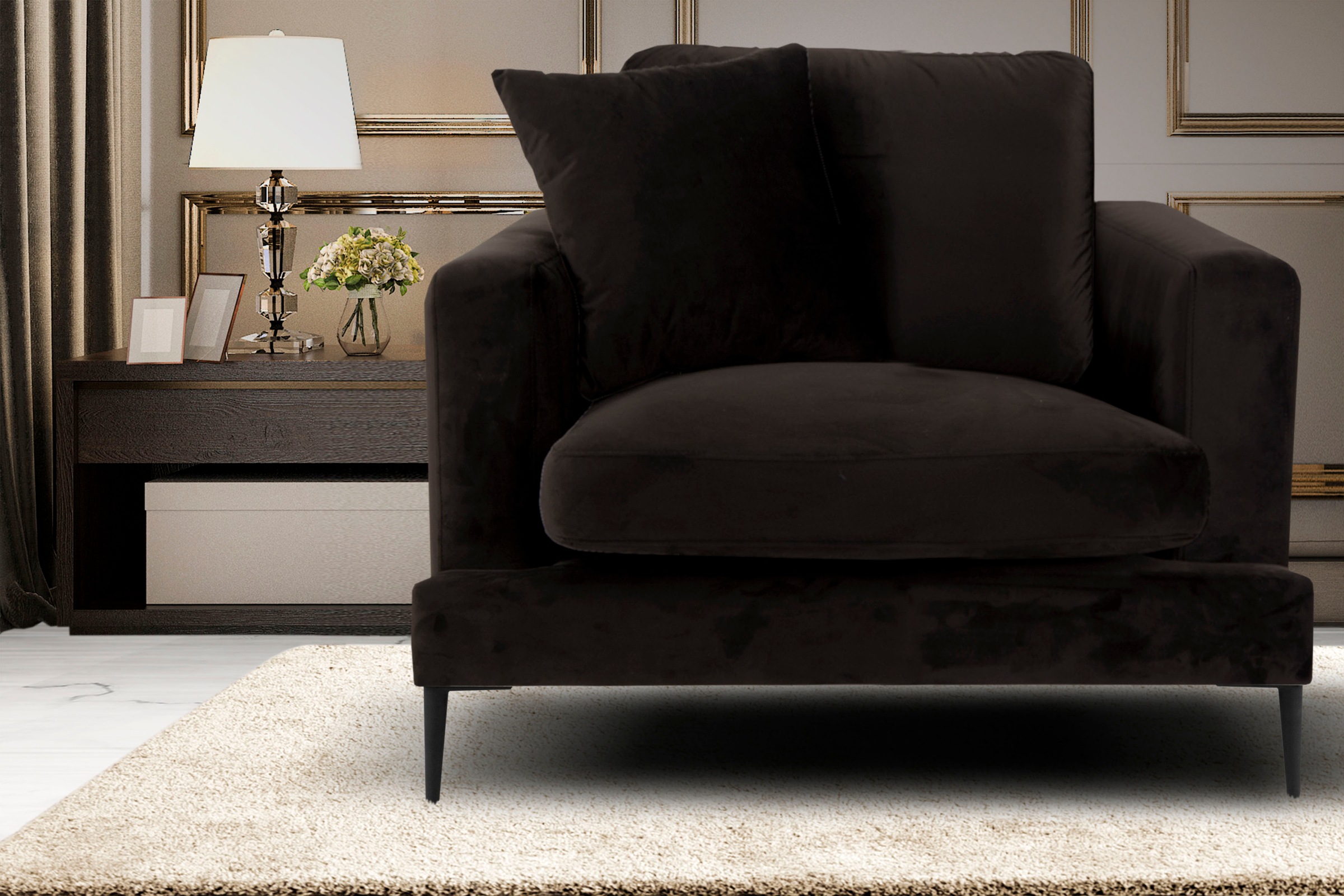 Thumbnail - Leonique Sessel "Cozy Loungesessel, Designersessel, Maße B/T/H: 91/97/80 cm", mit Metallbeinen und Zierkissen
