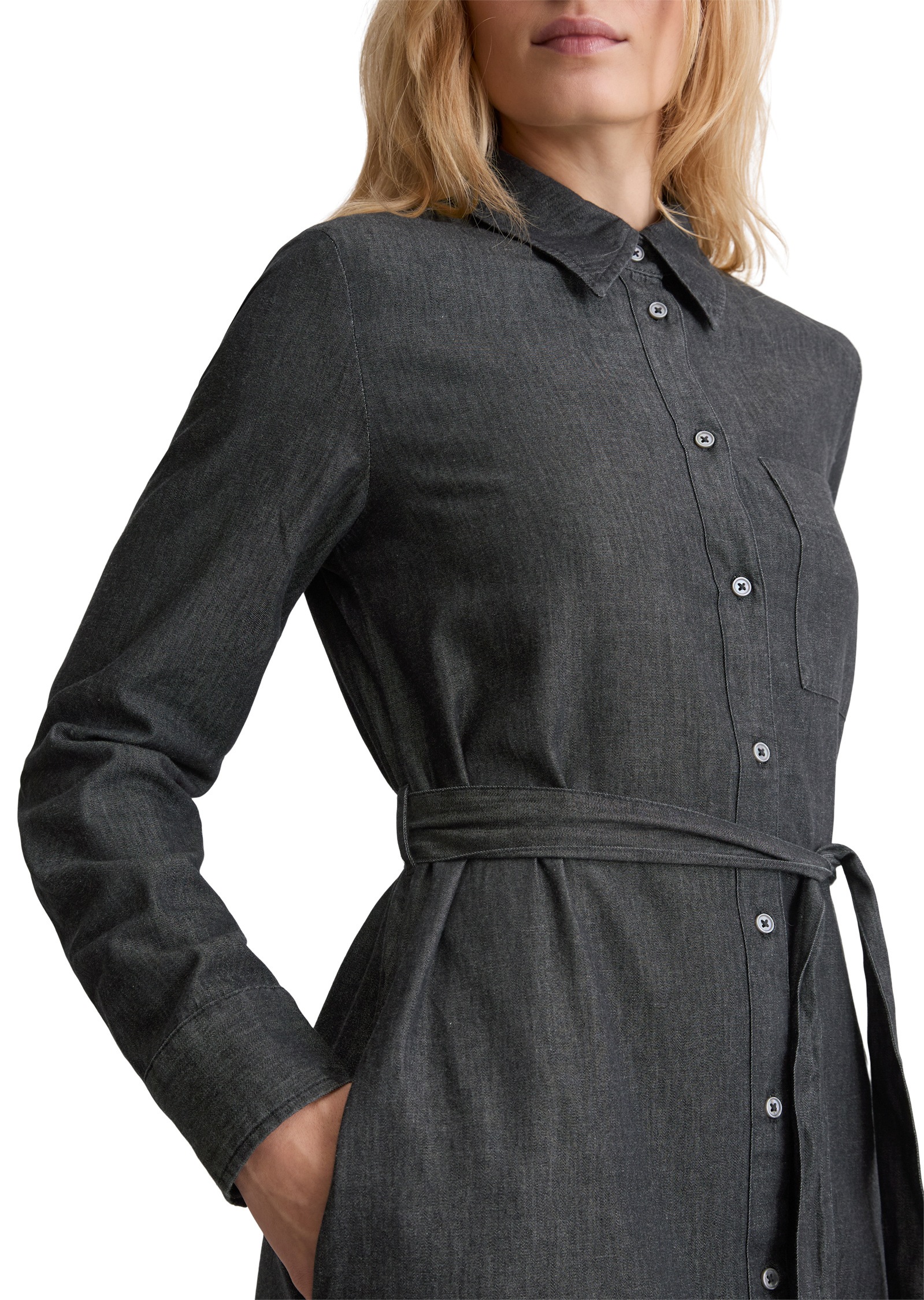 Hemdblusenkleid MARC O'POLO "aus Baumwoll-Chambray", Damen, Gr. 44, Normalgrößen, dunkelblau, Obermaterial: 100% Baumwolle, unifarben, regular fit wadenlang, Doppelmanschette, Kleider 3