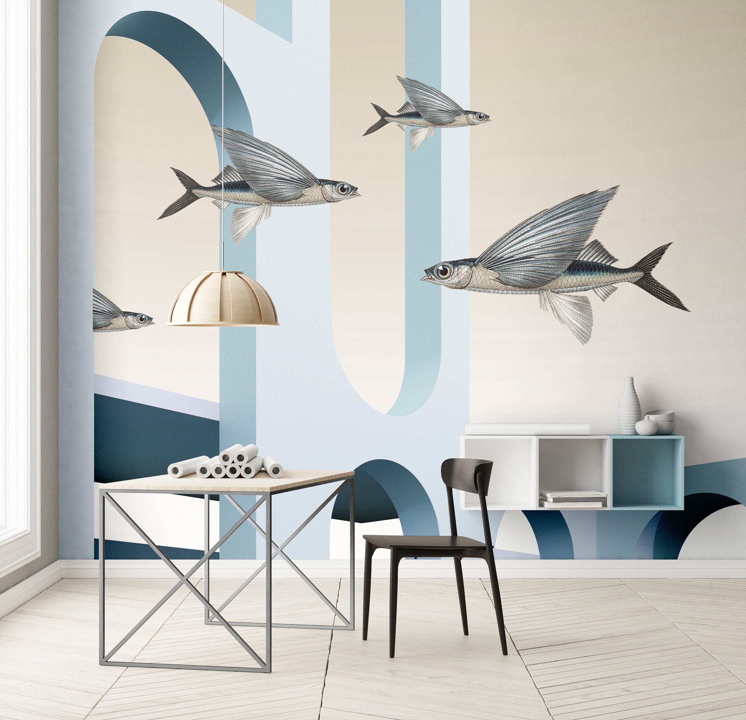 living walls Vliestapete "Fototapete Fliegende Fische Blau Beige Architektur" matt glatt