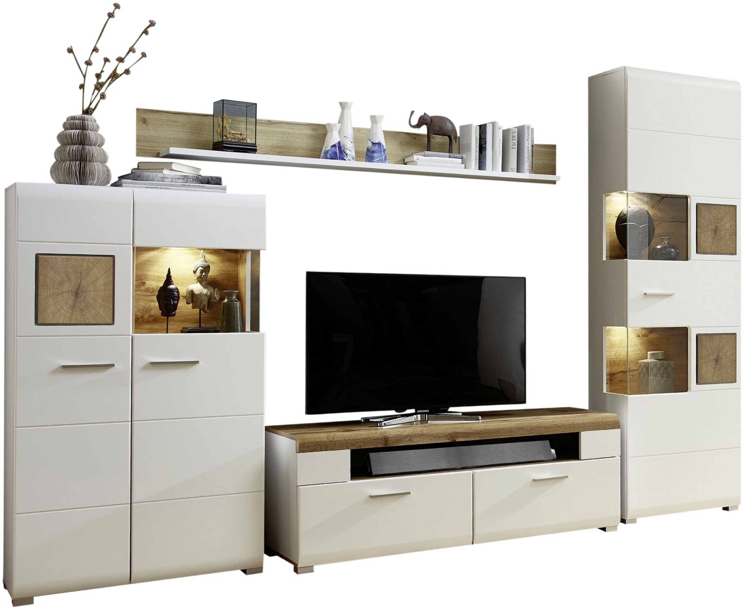 Wohnwand INNOSTYLE, B:325cm H:205cm T:47cm, weiß, Glas, Holzwerkstoff, Metall, Wohnzimmer, Kastenmöbel-Sets, "FUN PLUS", inkl. LED-Beleuchtung