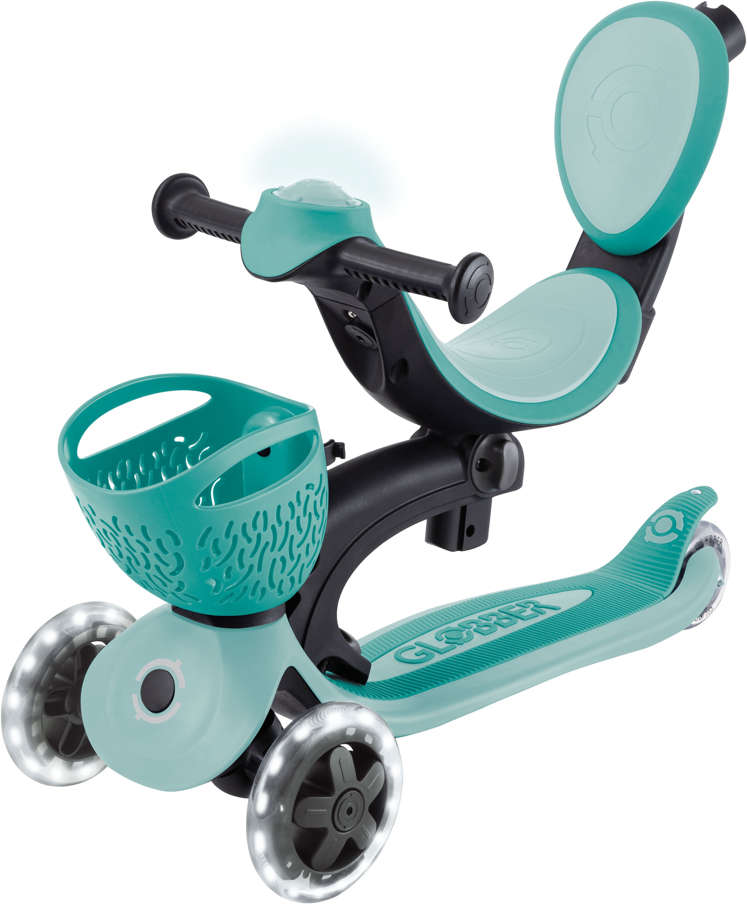 Globber Tretroller »GO-UP BABY 360 LIGHTS, mit Leuchtrollen und Leuchtmodul« Aufsitzrad, Laufrad und Scooter in Einem