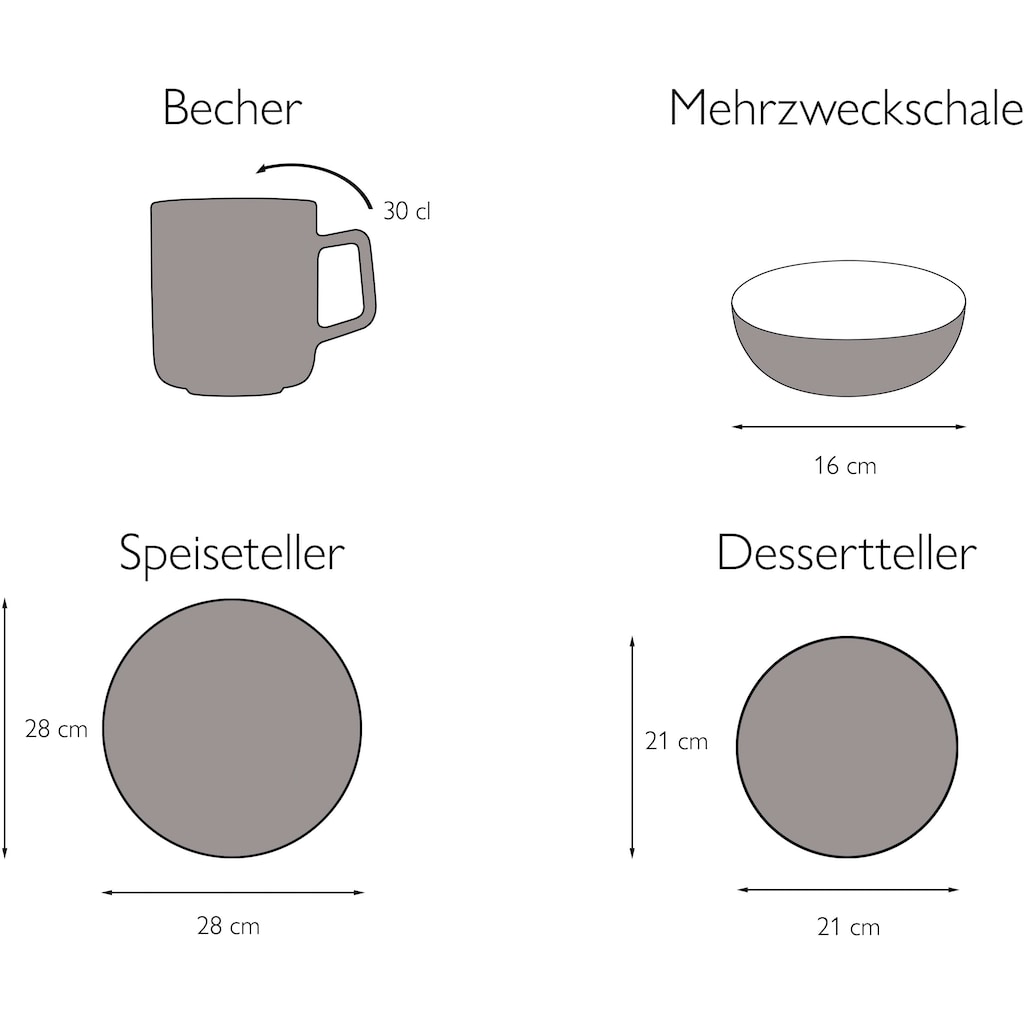 CreaTable Kombiservice »Uno«, (Set, 16 tlg., Kaffeeservice und Tafelservice im Set, für 4 Personen), seidenmatte Oberfläche, jedes Stück ein Unikat