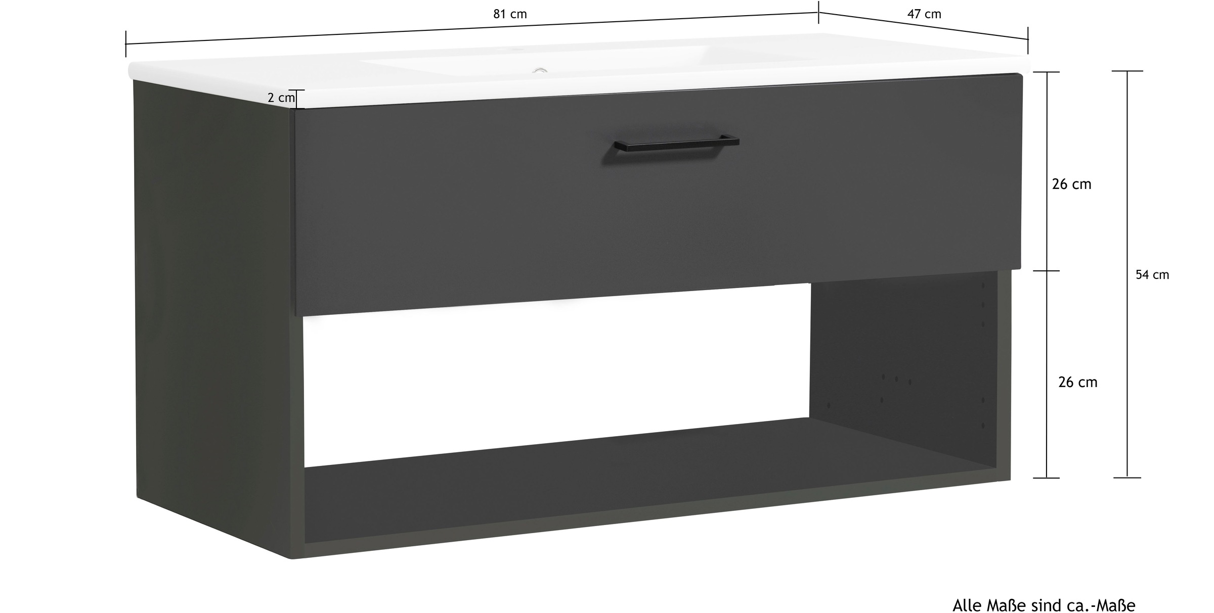 welltime Waschtisch »Trento Light mit Keramik-Auflagebecken«, 1 Auzug und 1 offenes Fach, Breite: 81cm, Anthrazit Matt