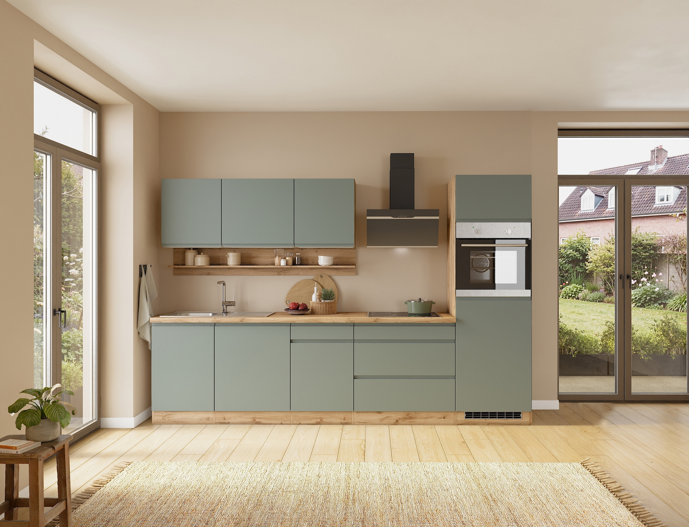 KOCHSTATION Küchenzeile "KS-Virginia,neu in verbesserter Ausführung" Arbeitsplatte 38 mm stark, Stauraum, Softclose, Breite 300 cm, Soft-Close, wahlweise mit E-Geräten