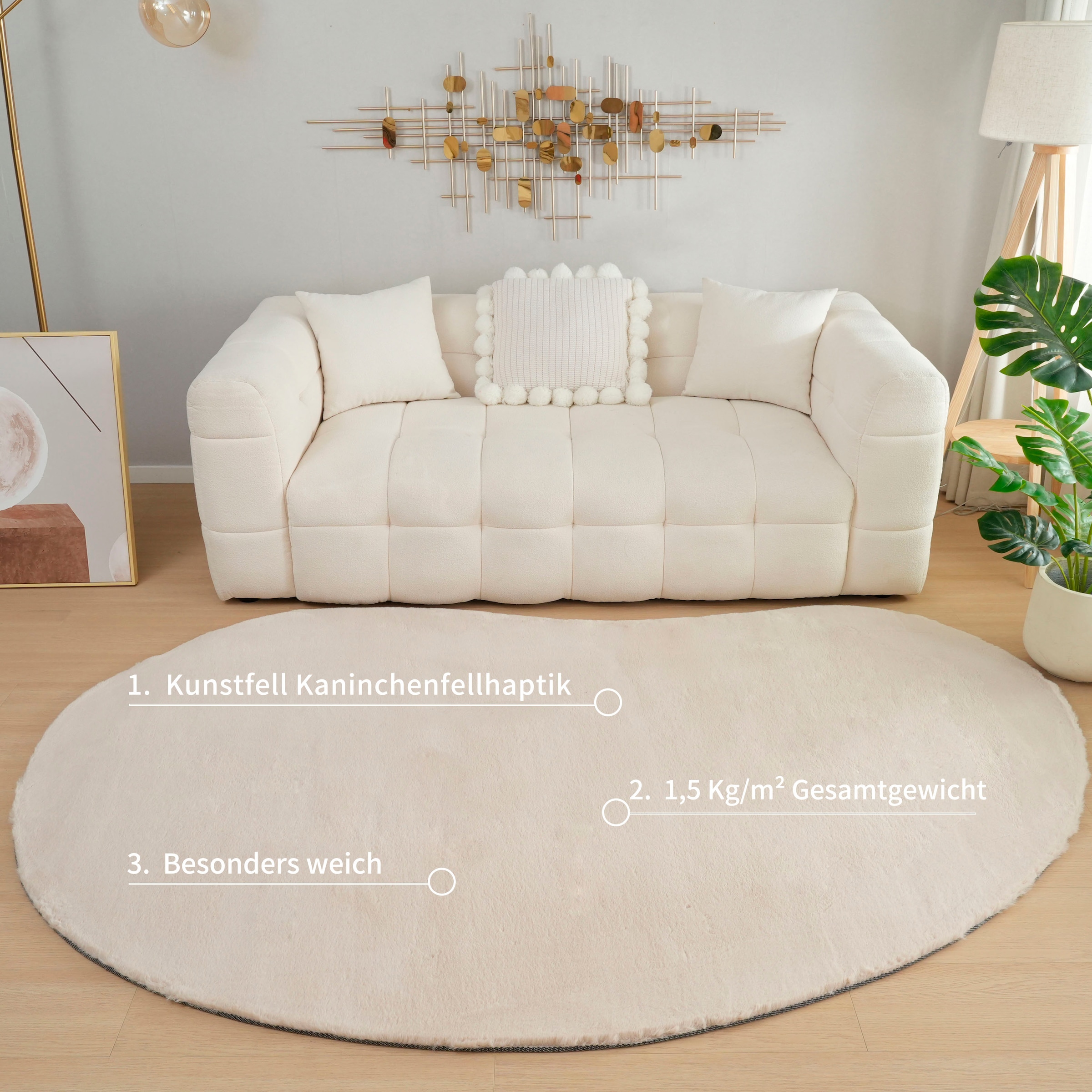 Bruno Banani Hochflor-Teppich »Rabbit 2 Bean, Kunstfell Teppich, Modern, besondere Form«, U-förmig, 25 mm Höhe, Kaninchenfell-Haptik, Microfaser, Wohnzimmer, Schlafzimmer, Esszimmer