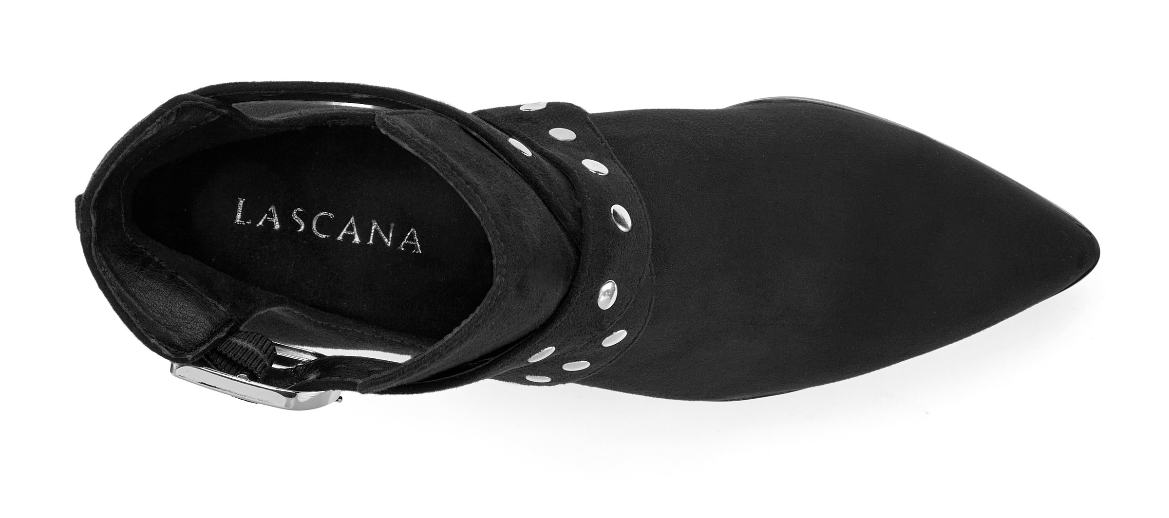 LASCANA Stiefelette »Stiefelette, Boot, Riemchenstiefelette«  Velours-Textil mit Nieten-Riemen, Cut-Outs und Blockabsatz