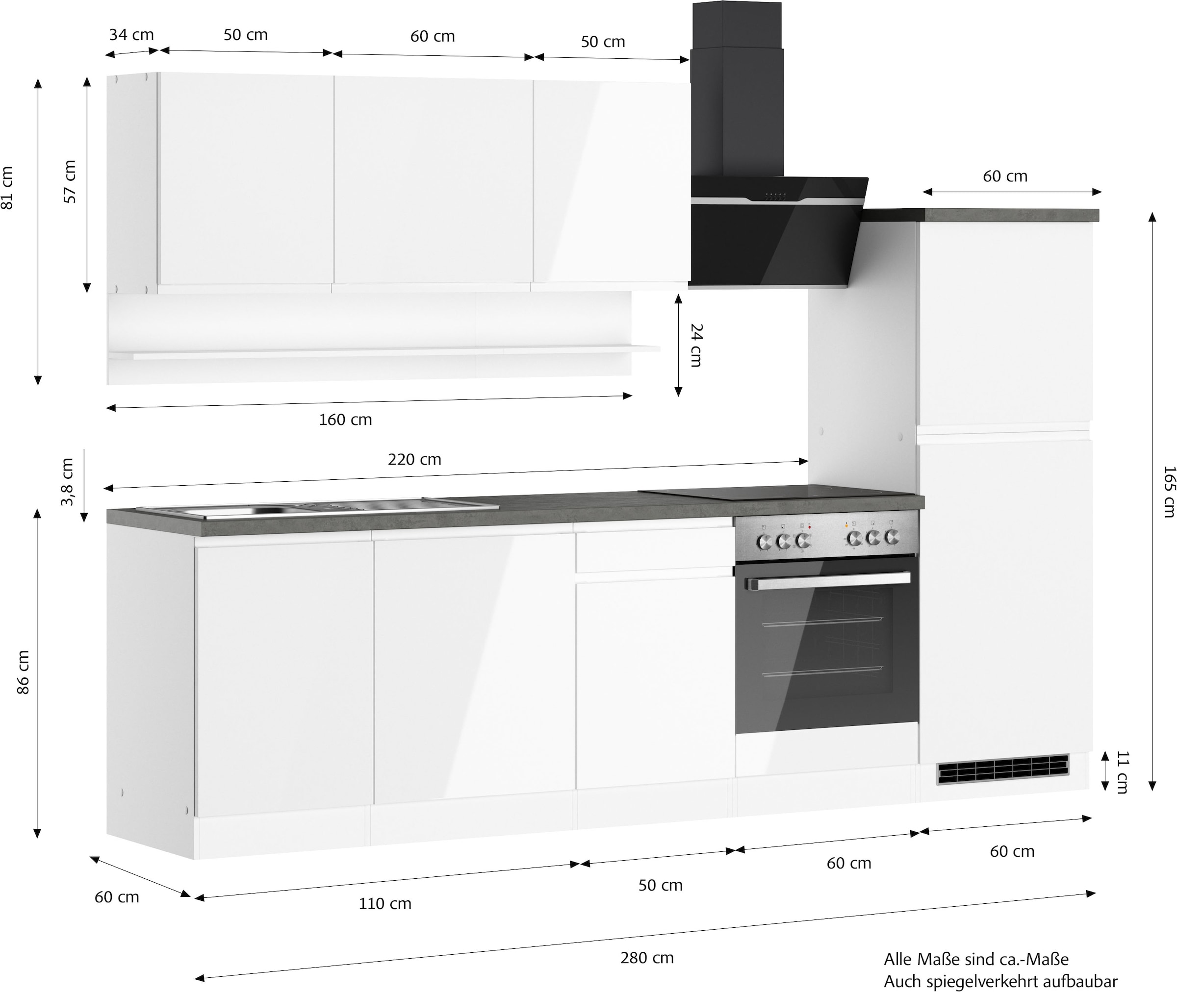 KOCHSTATION Küchenzeile »KS-Virginia,neu in verbesserter Ausführung« Arbeitsplatte 38 mm stark, Stauraum, Softclose,  Breite 280 cm, Soft-Close, wahlweise mit E-Geräten