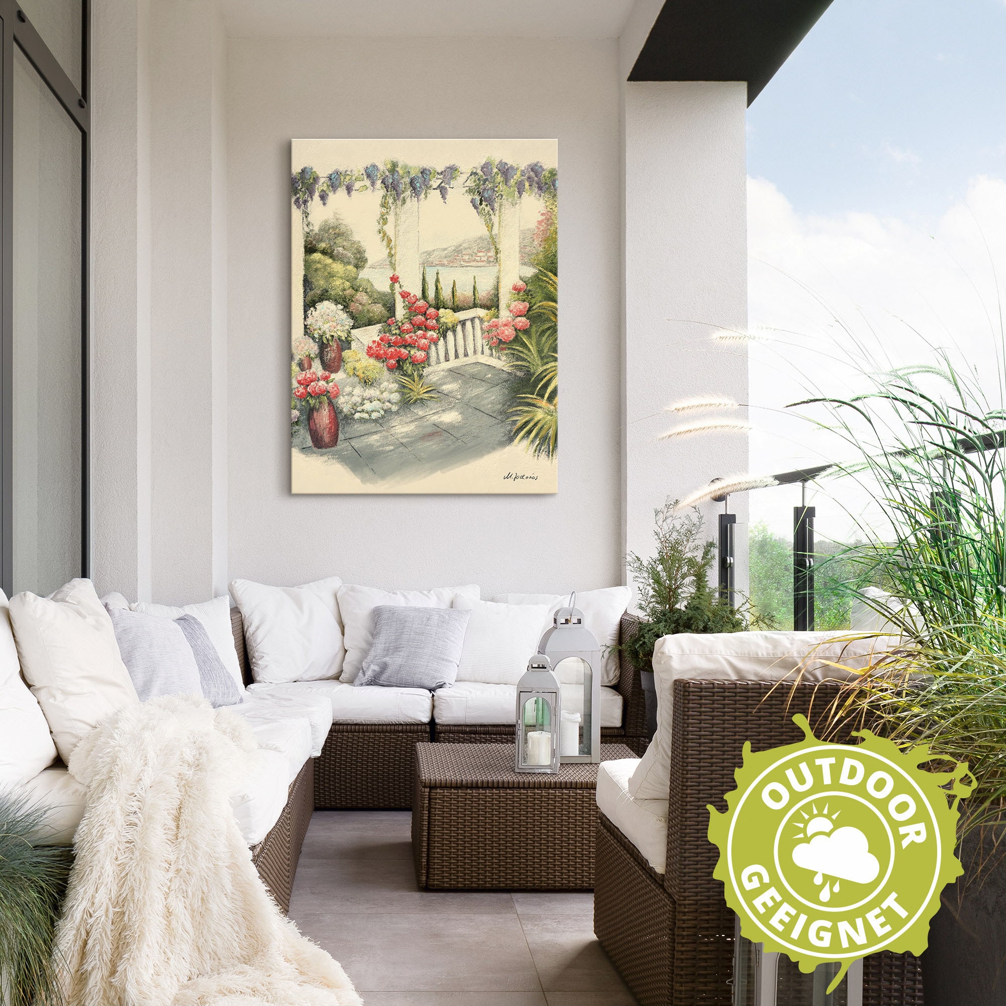 Artland Wandbild »Mediterrane Terrasse«, Fensterblick, (1 St.), als Alubild, Leinwandbild, Wandaufkleber oder Poster in versch. Größen