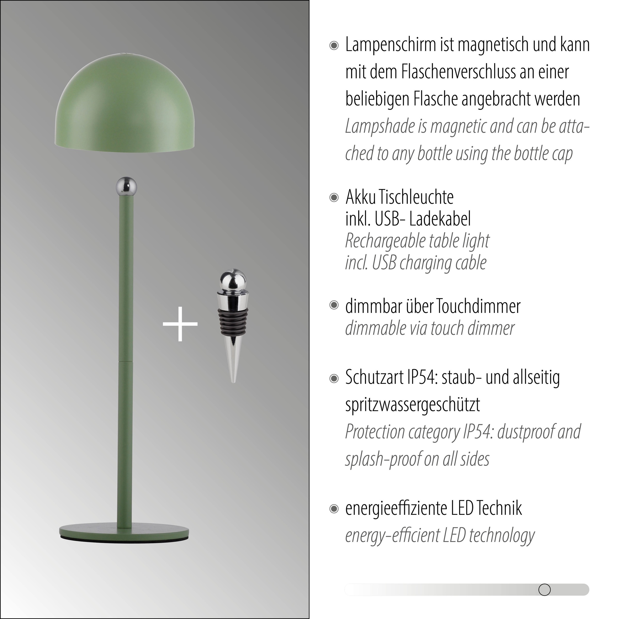 my home Tischleuchte »Akku Tischleuchte Hesper Indoor Outdoor, magnetischer Flaschenaufsatz«, 1 flammig, Leuchtmittel LED-Board | LED fest integriert, Pilzlampe Flaschenaufsatz, Regulierung der Lichtstärke, Pilz, Lampe