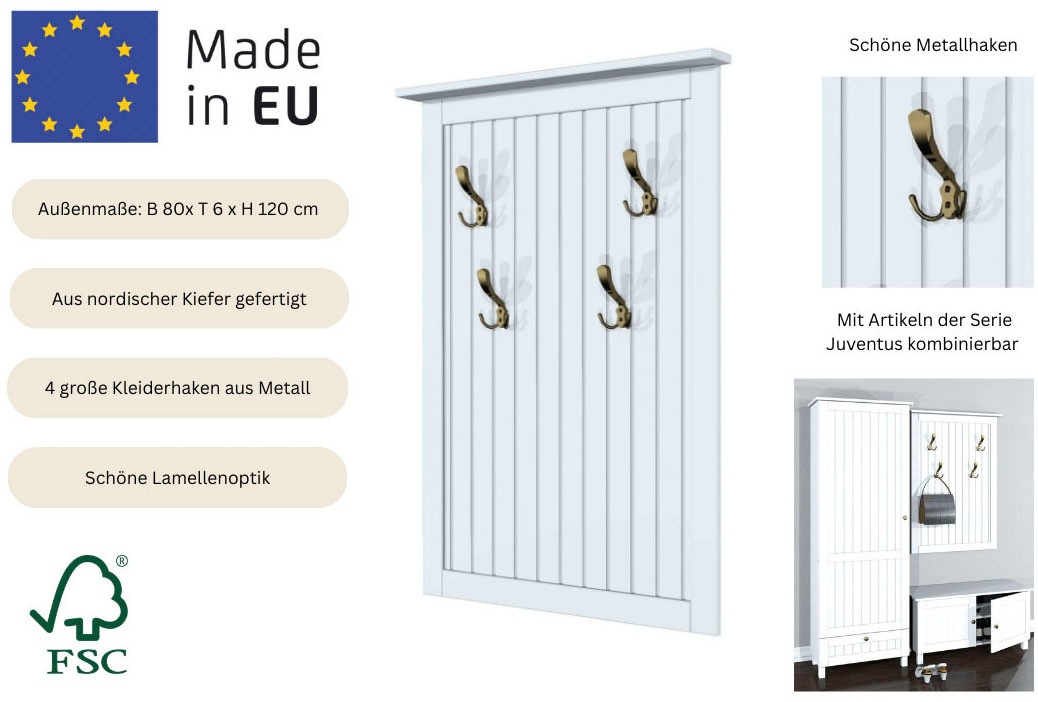 OTTO home Garderobenpaneel »Juventus« 1 Stk. tlg. aus massiver Kiefer, 4 Doppelhaken