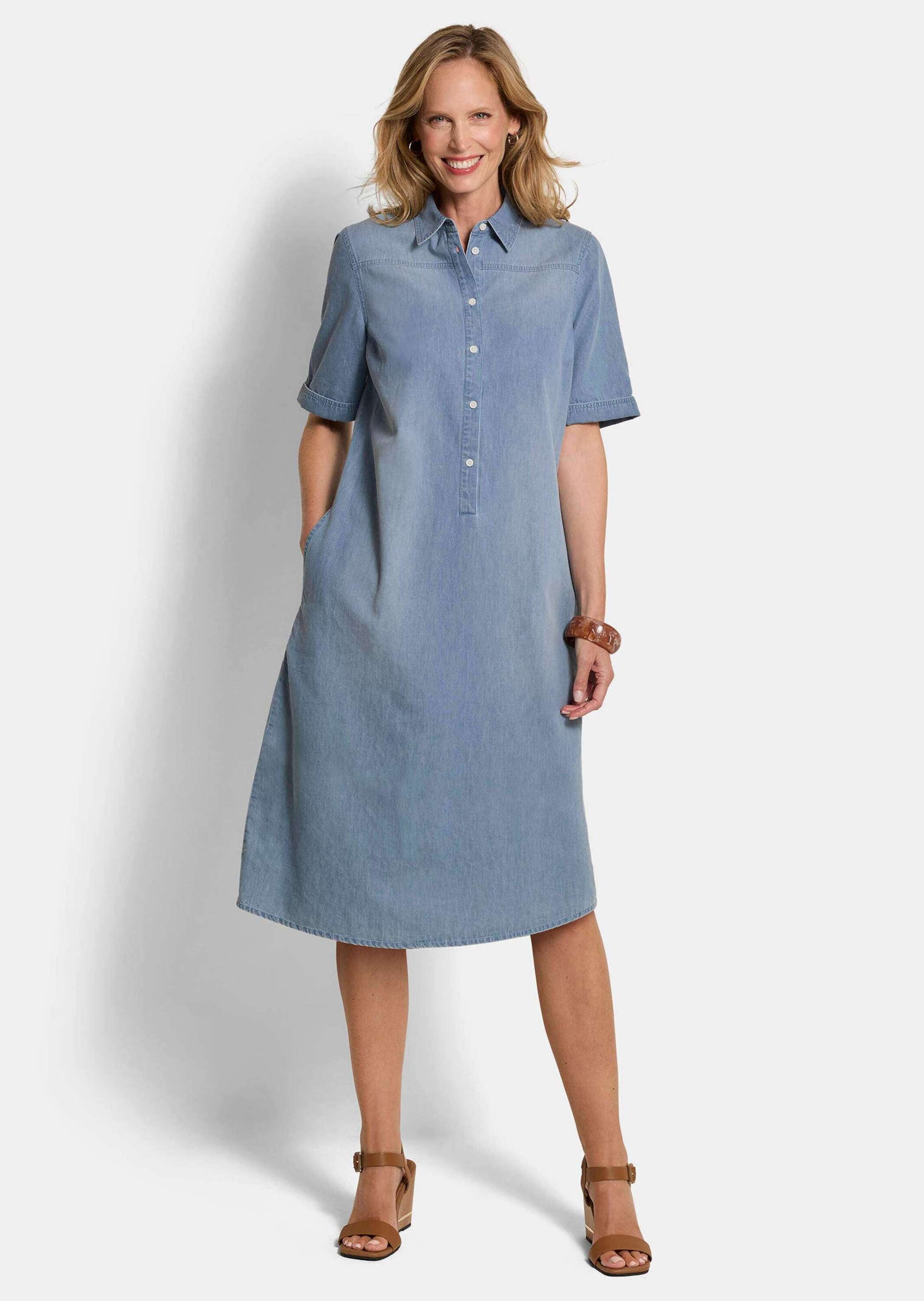Sommerkleid GOLDNER "Baumwollkleid mit heller Waschung", Damen, Gr. 54, N-Gr, blau, Obermaterial: 100% Baumwolle CO., gerade, Kleider Sommerkleid, Nahttaschen an der Seite 2